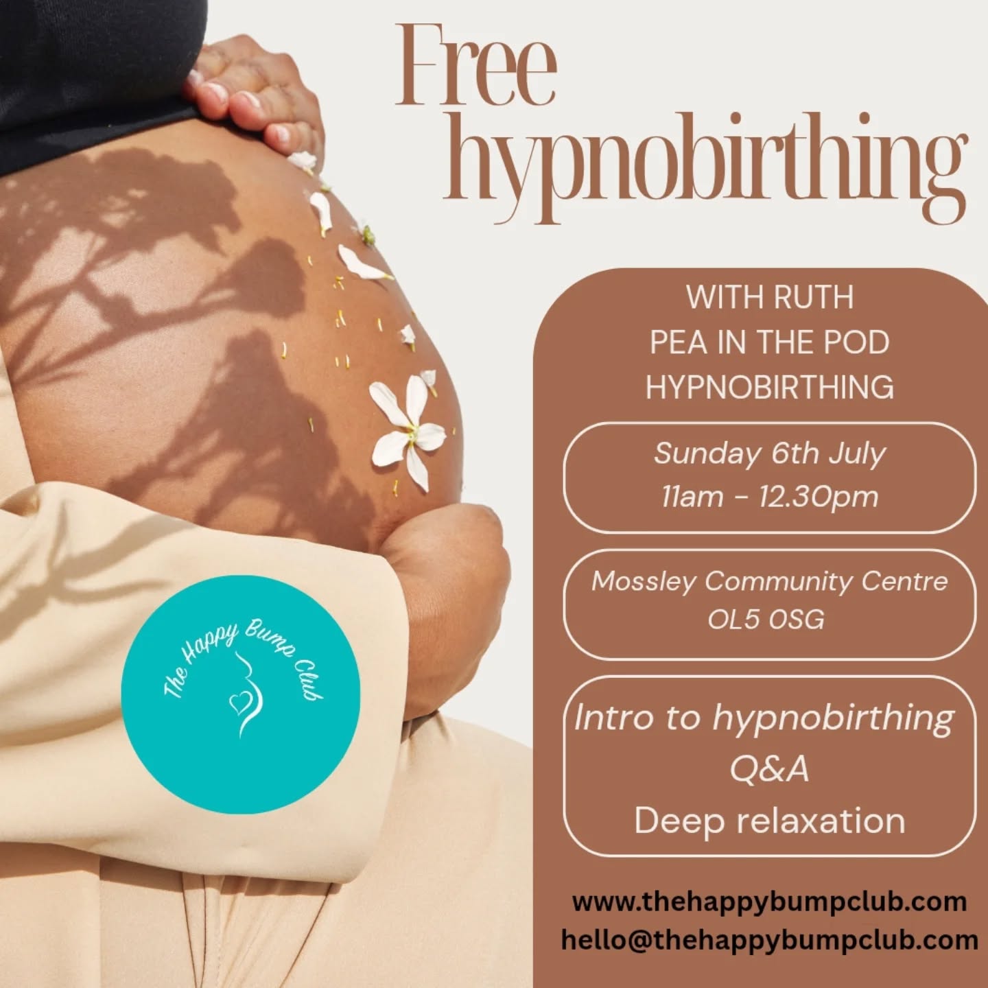 SUNDAY 6TH JULY - 11AM - MOSSLEY COMMUNITY CENTRE
*HYPNOBIRTHING INTRODUCTION*
with @pea_in_the_pod_hypnobirthing
Join us for a 90 minute session focusing on hypnobirthing! Ruth will be on hand to give you an overview of hypnobirthing, answer any questions you might have, and guide you through a lovely relaxation.
Spaces are limited so grab your spot now! Best of all...it's FREE!!!
Book through eventbrite or through our website www.thehappybumpclub.com
https://www.eventbrite.co.uk/e/the-happy-bump-club-46-tickets-1413222329029?aff=oddtdtcreator
We have brews, biscuits, parenting books, and baby clothes.
I look forward to seeing you there!
Emma x