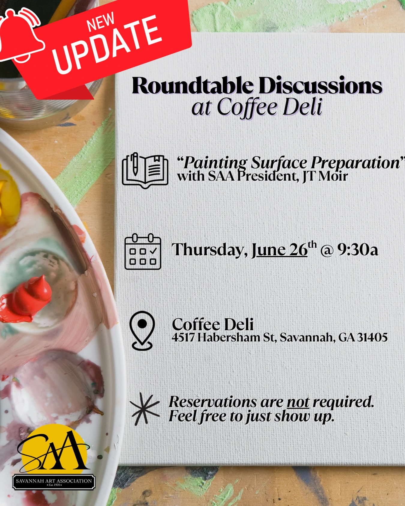 Members, UPDATE your calendars!
.
Roundtable Discussions at coffee.deli are back. Next up is Painting Surface Preparation with our President, @jtmoir_fineart on Thursday June 26th at 9:30a
.
Bring your Questions and have JT answer them at this open group.
Reservations are not required. Feel free to show up, grab a cup of coffee and soak it all in. However, if you have questions or do plan on attending, send Rob Henderson an email: Rob2340henderson@gmail.com😃