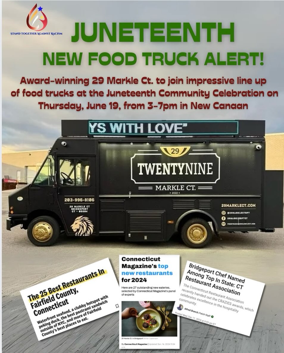 NEW addition to the food truck line up at the Juneteenth Community Celebration on Thursday, 6/19 from 3-7pm!!!
Highly celebrated 29 Markle Ct. out of Bridgeport will be bringing its new food truck to New Canaan alongside amazing returning food trucks, Miss Thelma’s Soul Food, Tropical Island Spice, and more! 😋
“29 Markle Food Truck brings the same passion for simple, delicious, and high-quality food that made its parent restaurant, 29 Markle Ct in Bridgeport, CT, a Connecticut favorite. Chef and co-owner Damon Daye Sawyer, along with his dedicated team, ensures that their new food truck concept stays true to its roots while maintaining the highest standards. From the mouthwatering Korean fried chicken sandwich to tender braised BBQ short ribs served over fries sourced from Fossil Farms, every dish is crafted with love.”
Don’t miss out! And stay tuned to learn more about the other food trucks. Food always sells out!
Register today (link in bio) and come hungry!
@29marklectbpt @29marklefoodtruck @insider_ct @craziesawards @missthelmas @tis_ct @infatuation_nyc @newcanaanctpatch @newcanaanite @stamfordadvocate #juneteenth @norwalkhour #fairfieldcountyct #bridgeportct #newcanaan #alwayswithlove @sandrasnextgeneration