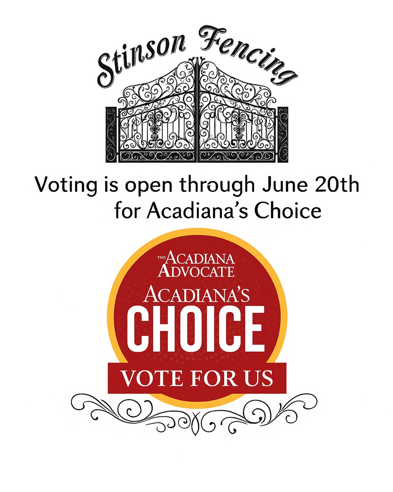 🏆 We’re honored to be nominated for Acadiana’s Choice Best Fencing Company! Your support means everything and you can vote once a day now through June 20!
Click the link in our bio and this caption to vote for Stinson Fencing and help us bring this one home! 🙌🏼
Let’s show Acadiana who truly builds the best fences around!
Home & Garden > Fence Company > Stinson Fencing
🔗: https://www.voteacadiana.com
#stinsonfencing #acadianastrong #supportlocal #bestofacadiana #bestofthebest #trustus #payforquality