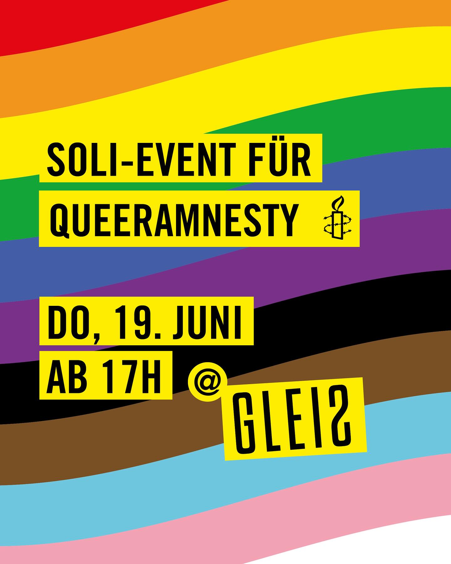 🌈SOLI-EVENT FÜR QUEERAMNESTY IM GLEIS🌈
Donnerstag, 19. Juni ab 17h
Im Pride Month feiern wir Vielfalt, Sichtbarkeit und Liebe – doch diese Rechte sind auch für uns nicht selbstverständlich. In vielen Ländern können queere Menschen ihre Identität nicht offen zeigen, geschweige denn an einer Pride teilnehmen. Und selbst dort, wo wir Rechte errungen haben, sind sie immer wieder bedroht oder werden sogar zurückgenommen.
Lasst uns gemeinsam Solidarität zeigen! Komm zu unserem Soli-Event für Queeramnesty und unterstütze den Kampf für Menschenrechte und queere Freiheit – hier und weltweit. Jeder Beitrag zählt, denn gleiche Rechte und Pride feiern zu können sind keine Selbstverständlichkeit, sondern ein fortwährender Kampf.
🏳️🌈 Sei dabei, setz ein Zeichen und werde laut für die, die es nicht können! 🏳️🌈
#PrideMonth #Queeramnesty #Solidarität #Menschenrechte #LoveIsLove #ProtectOurRights #ThePowerOfCommunities#QueereRechteSindMenschenrechte #LGBTQIA