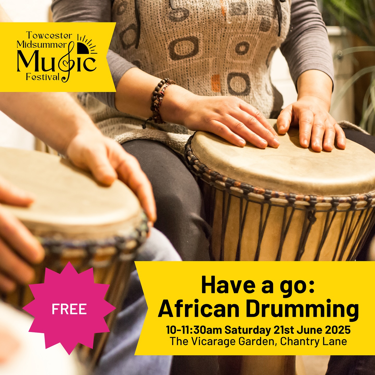🪘 Ready to feel the beat, move your feet and have fun? Bring the kids to drum it out at Lucie’s African drumming workshop.
Three 20-minute sessions for up to 12 participants at 10am, 10:30am and 11am Saturday 21st June in the Vicarage garden, Chantry Lane.
Free to participate on a first come, first served basis - just turn up on the day.
#towcestermidsummermusic #africandrummingworkshop #africandrumming
