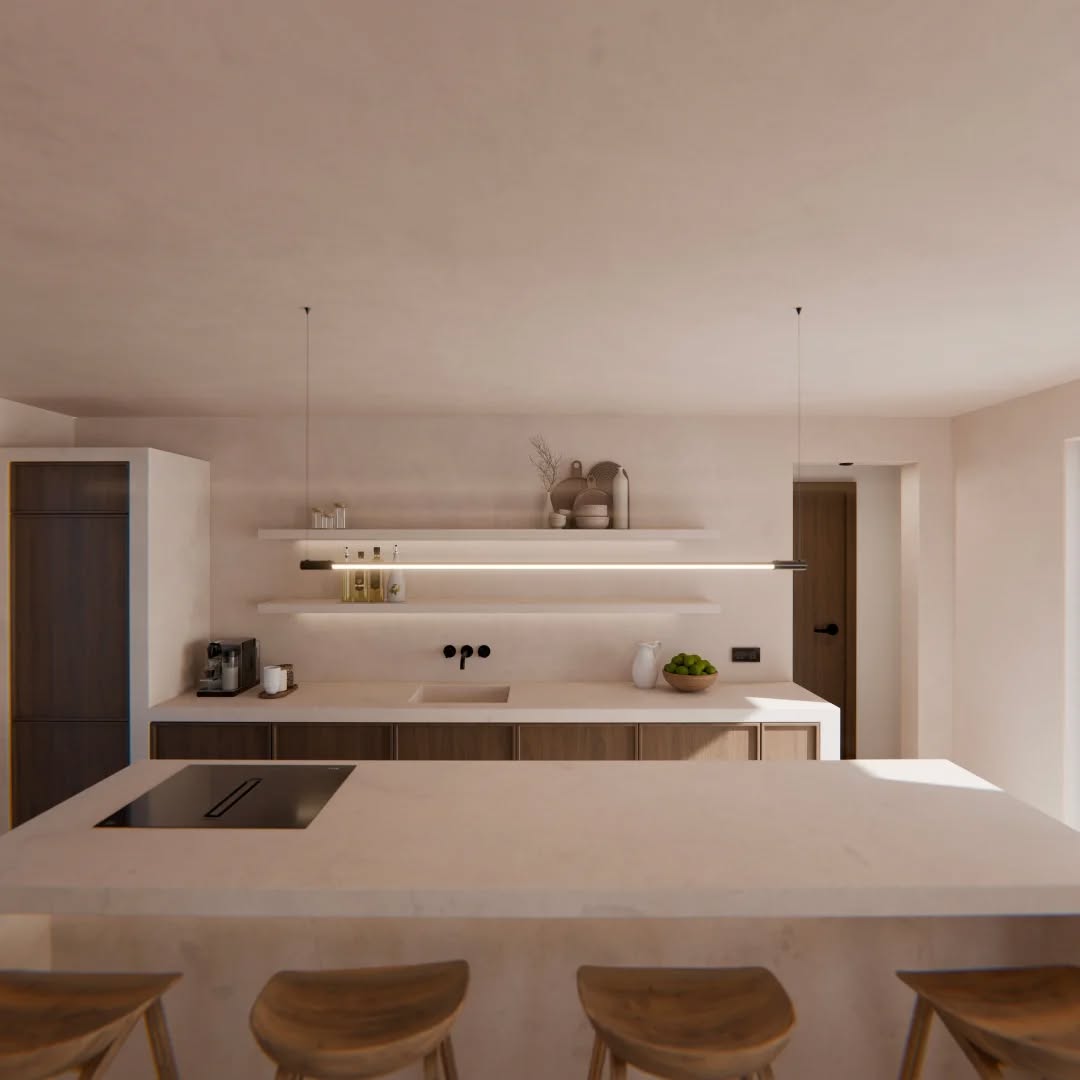 Revalorisation complète d'une villa des années 70 sur la commune de Saint Remy de Provence.
Cuisine à l'allure contemporaine alliant le béton ciré clair et le bois brut.
Le revêtement parcourt l'espace du sol au plafond, créant une continuité entre les différents éléments.
Architecture / Visualisation 3D : @studiodac_