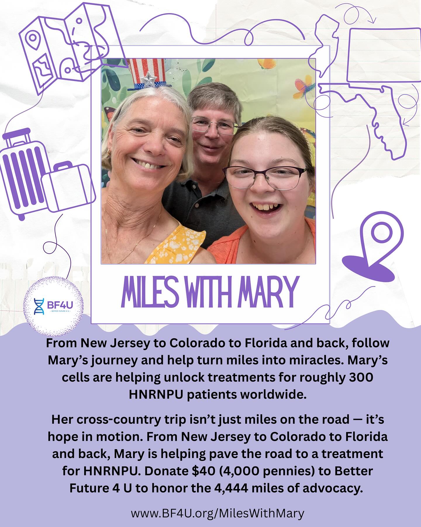 Mary’s upcoming journey stretches 4,444 miles, but her impact reaches so much farther. Beginning July 12th, Mary is carrying more than luggage—she’s carrying hope for nearly 300 others around the world with HNRNPU. Her cross-country trip is powering life-changing research. One mile and one donation at a time. 💜 Donate $40 (4,000 pennies) to honor her 4,444 miles of advocacy and fuel the road to treatment. This isn’t just a trip. It’s a movement. It’s Mary in motion.
🔗 in bio
🌐 BF4U.org/MilesWithMary
#MilesWithMary #BF4U #HNRNPU #HopeInMotion #TurnMilesIntoMiracles #RareButMighty