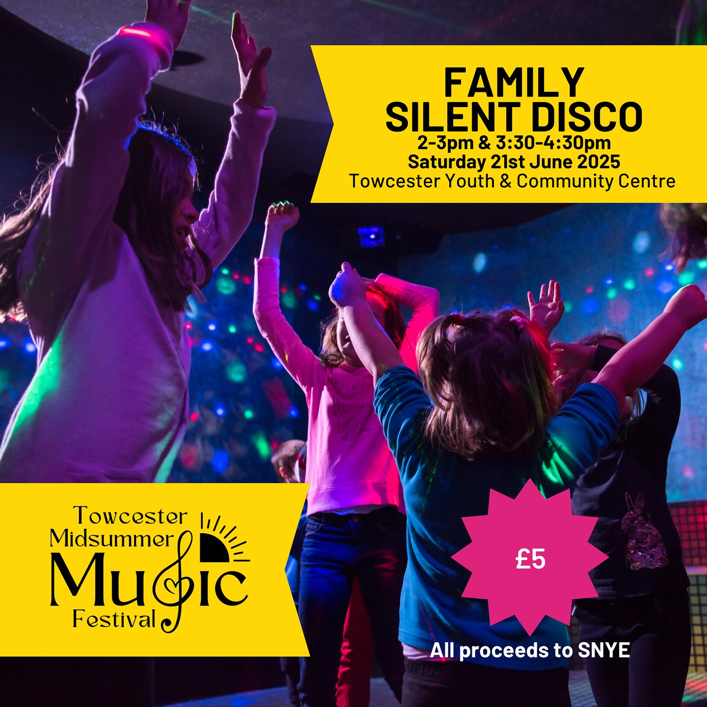 💃🕺🏼 Get ready for the ultimate family silent disco at Towcester Youth & Community Centre, NN12 6AU.
Two sessions to choose from:
2:00 - 3:00 pm
3:30 - 4:30 pm
Ages 4+
£5 per ticket - booking is essential
https://snye.classforkids.io
All proceeds to @sn_youth_engagement to support the ongoing costs of running the youth clubs in Towcester.
Join Towcester Youth Club (SNYE) as they bring beats to the festival. Dance as a family with multiple music channels to choose from - everyone can find their own groove!
No dance skills required - just bring your energy and sense of fun. Parents/guardians can join the fun too.
Drinks, snacks and glow sticks will be on sale inside.
Spaces are limited so be sure to book early.
#towcestermidsummermusic #silentdisco #familyfun