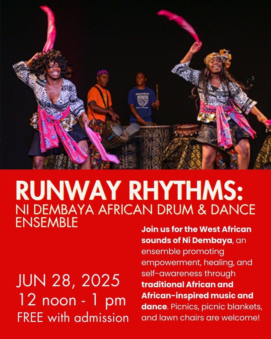 Get your feet tapping during our annual summer courtyard concert series with the West African sounds of Ni Dembaya, an ensemble promoting empowerment, healing, and self-awareness through traditional African and African-inspired music and dance! Picnics, picnic blankets, and lawn chairs are welcome and light refreshments will be available for purchase. Each month features an act that will bring lively sounds and snappy beats to the museum. Get your dancing shoes ready! FREE with museum admission.
Concerts are sponsored in part by Riverdale Park Arts and the Field of Firsts Foundation.