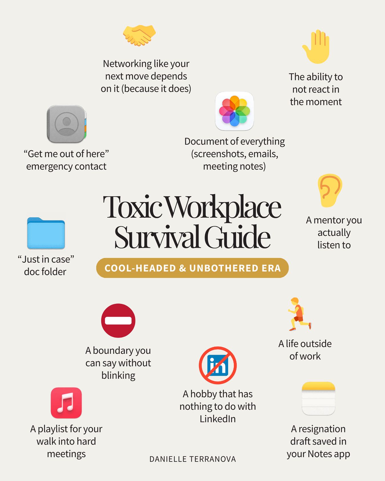 Toxic coworkers? Passive-aggressive meetings? 10PM emails?
We’re not here to crumble, we’re in our cool-headed & unbothered era 👑
❤️ Follow @thedanielleterranova for more no-BS strategies to survive and thrive in your career.
#careercoach #workplacewellness #professionalboundaries #toxicworkplace #womeninbusiness #careertips #leadershipdevelopment #professionalgrowth #mindsetshift