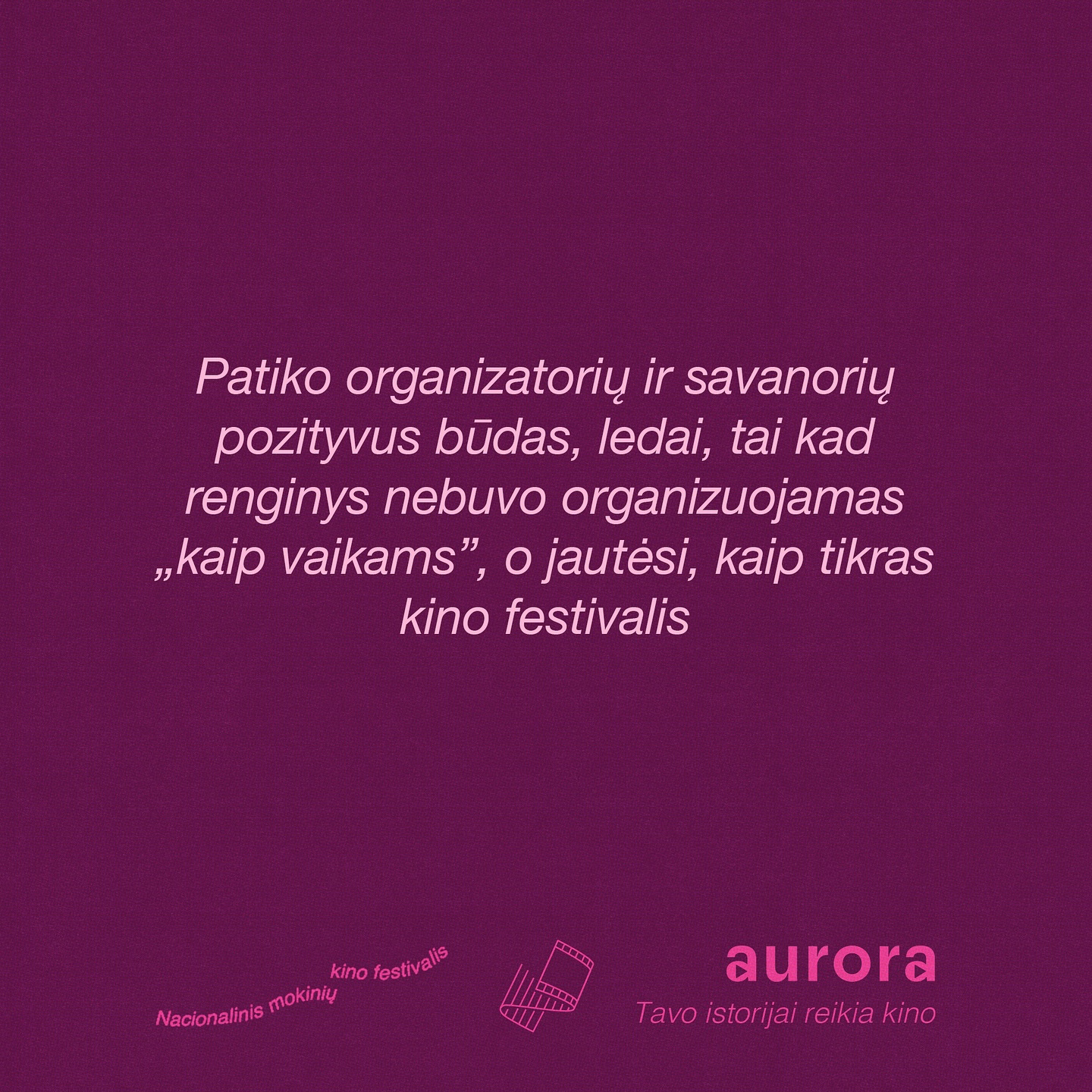 Niekada nekūrėme festivalio „kaip vaikams", kuriame erdvę jauniems žmonėms būti matomiems ir išgirstiems, įsikvėpti ir įkvėpti kitus. Todėl tai ir yra tikras festivalis. Ačiū už atsiliepimus ir įvertinimą 💜🙏✨
____________
Festivalio partneriai: Britų taryba Lietuvoje, Lietuvos kino centras, AVAKA, Meno avilys, Skalvijos kino centras, Lithuanian Shorts ir kt.
Projektą iš dalies finansuoja Vilniaus miesto savivaldybė
#aurorafestivalis #PeopleToPeople #BritishCouncilLithuania