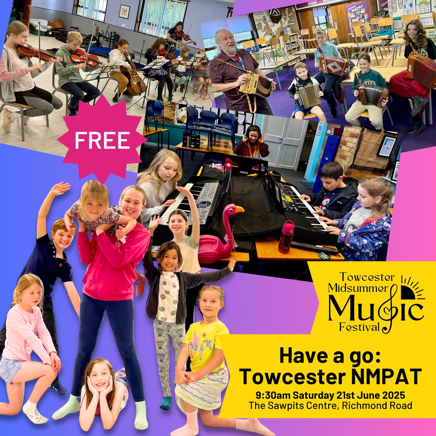 Open the door to NMPAT (Northamptonshire Music and Performing Arts Trust) and find connection, creativity and opportunity.
Join the @towcesternmpat Towcester Centre Head, Rob Fleming, and try a range of musical activities, and learn more about this fabulous music school right in the heart of Towcester.
Key Stage 1 workshop from 9.30-10.30 and a Year 3+ workshop from 10.45-12.00.
Free to participate. - just drop in between 9:30am and 12 noon at The Sawpits Centre, off Richmond Road, NN12 6EX to find out more on the day.
#towcestermidsummermusic
