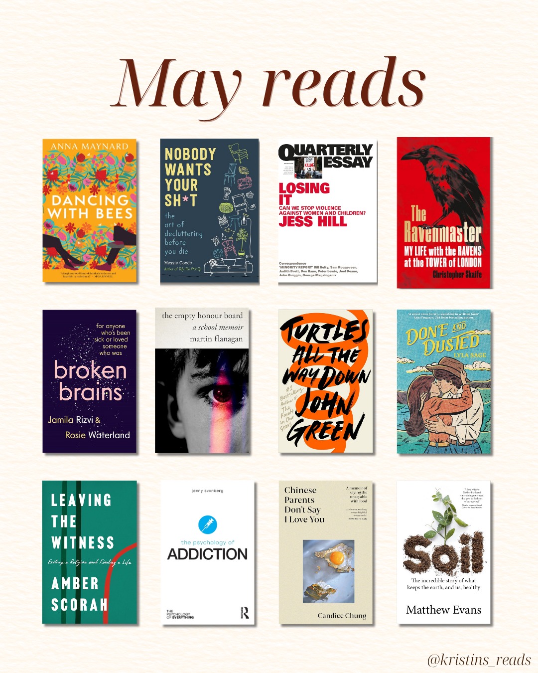 I read a mix of memoir, science, essays, and fiction in Mayāhow was your reading?
⨠'Dancing with Bees' by Anna Maynard
⨠'Nobody Wants Your Shit' by Messie Condo
⨠'Losing It' by Jess Hill (Quarterly Essay)
⨠'The Ravenmaster' by Christopher Skaife
⨠'Broken Brains' by Jamila Rizvi & Rosie Waterland
⨠'The Empty Honour Board' by Martin Flanagan
⨠'Turtles All the Way Down' by John Green
⨠'Done and Dusted' by Lyla Sage
⨠'Leaving the Witness' by Amber Scorah
⨠'The Psychology of Addiction' by Jenny Svanberg
⨠'Chinese Parents Donāt Say I Love You' by Candice Chung
⨠'Soil' by Matthew Evans
#mayreads #bookstack #bookstagram #nonfictionreads #audiobooks #memoir #tbrstack #bookrecommendations