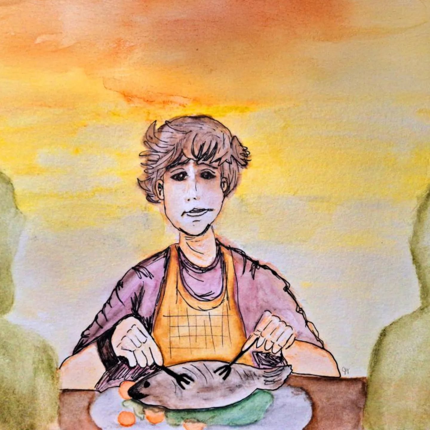 'The Fish Dinner' —A portrait of presence without participation.
Watercolor on watercolor paper.