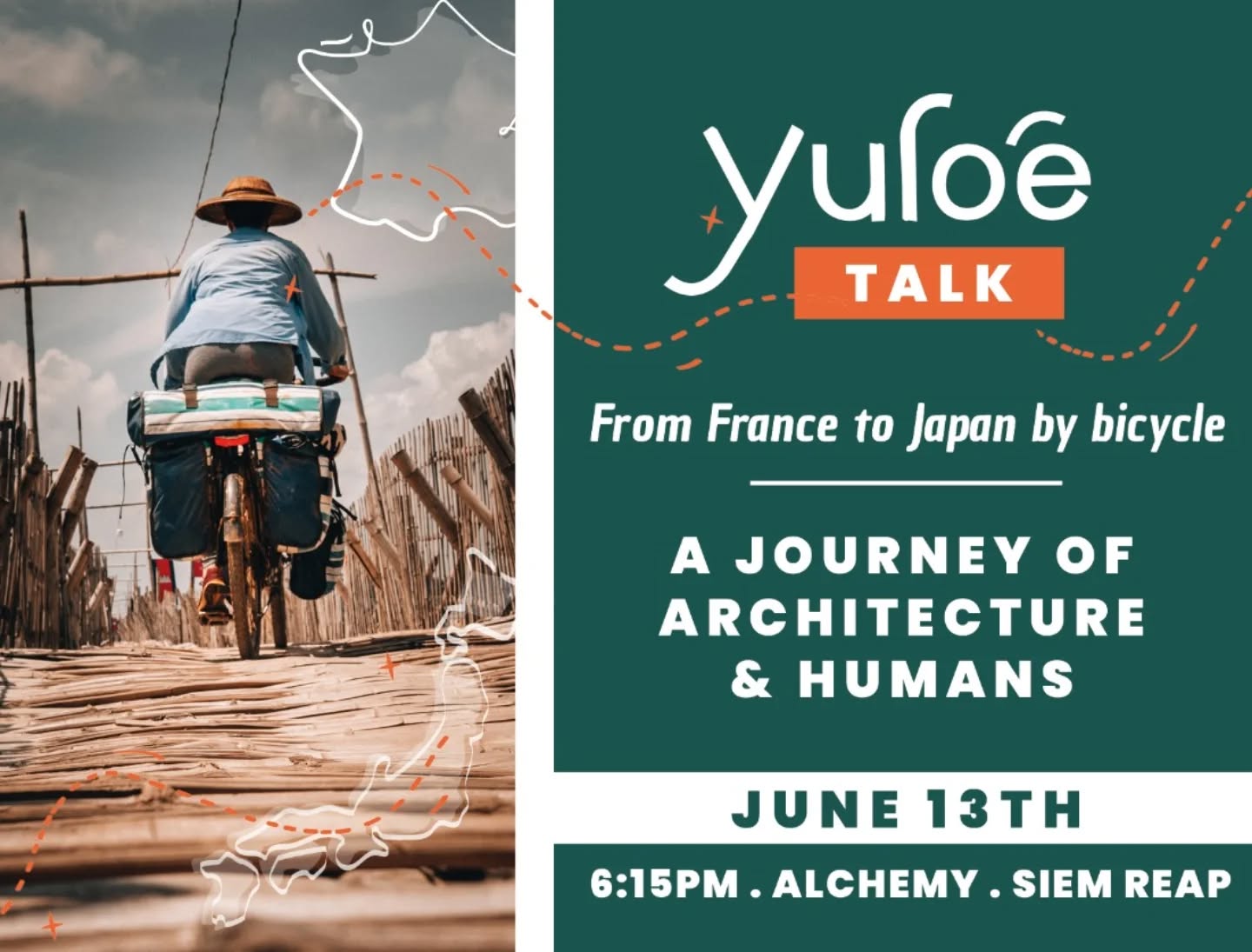 It's happening this Friday! 🌞
To all the beautiful Siem Reap community... Before leaving Cambodia again, I'm truly happy to invite you to a little talk and a farewell drink!
It's gonna be about bike travel obviously, but not only! I’ll also speak of the freedom of being a woman alone on the road, of the wisdom in homes of earth and bamboo where doors are always open, and most of all, of the pure joy of being warmly welcomed by complete strangers.
Come and enjoy this special evening with me! 🫶
I want to fill my heart with your beautiful smiles before hitting the road again! 🚴♀️💨
_____
👉 More about the event: https://web.facebook.com/share/1DtsVHBKuQ/
🎤 Talk in English followed by Q&A and farewell drinks! 🍻
🗓️ Friday, June 13 - 6:15 PM
📍 Alchemy Movement & Wellness - Siem Reap:
🌐 www.yuloe.com