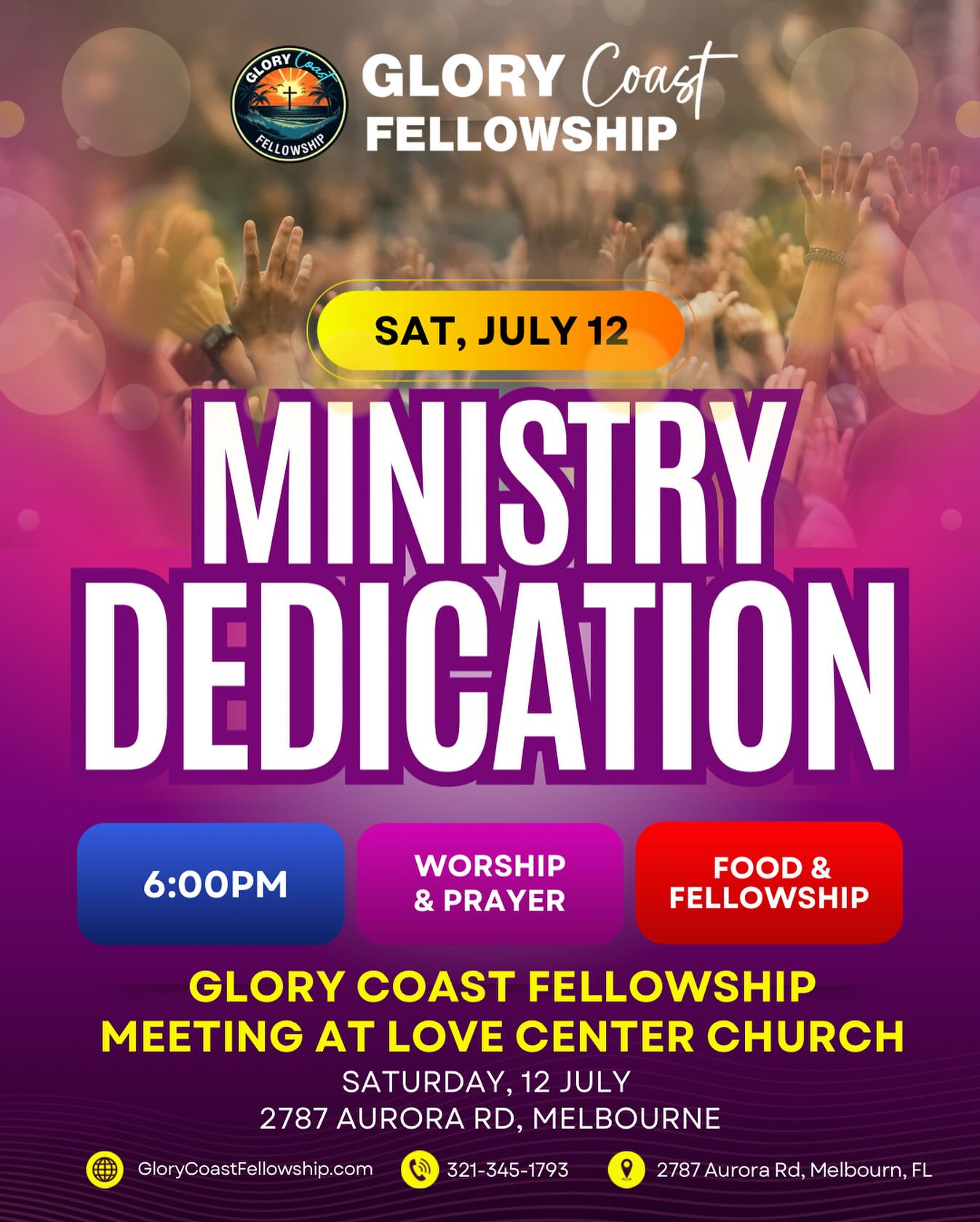 Come join us Saturday, July 12 6PM as we officially launch Glory Coast Fellowship and dedicate ourselves unto the Lord. We are meeting for a time of worship, prayer, food, and fellowship. Invite friends and family! Our location is in our bio. See you there!
