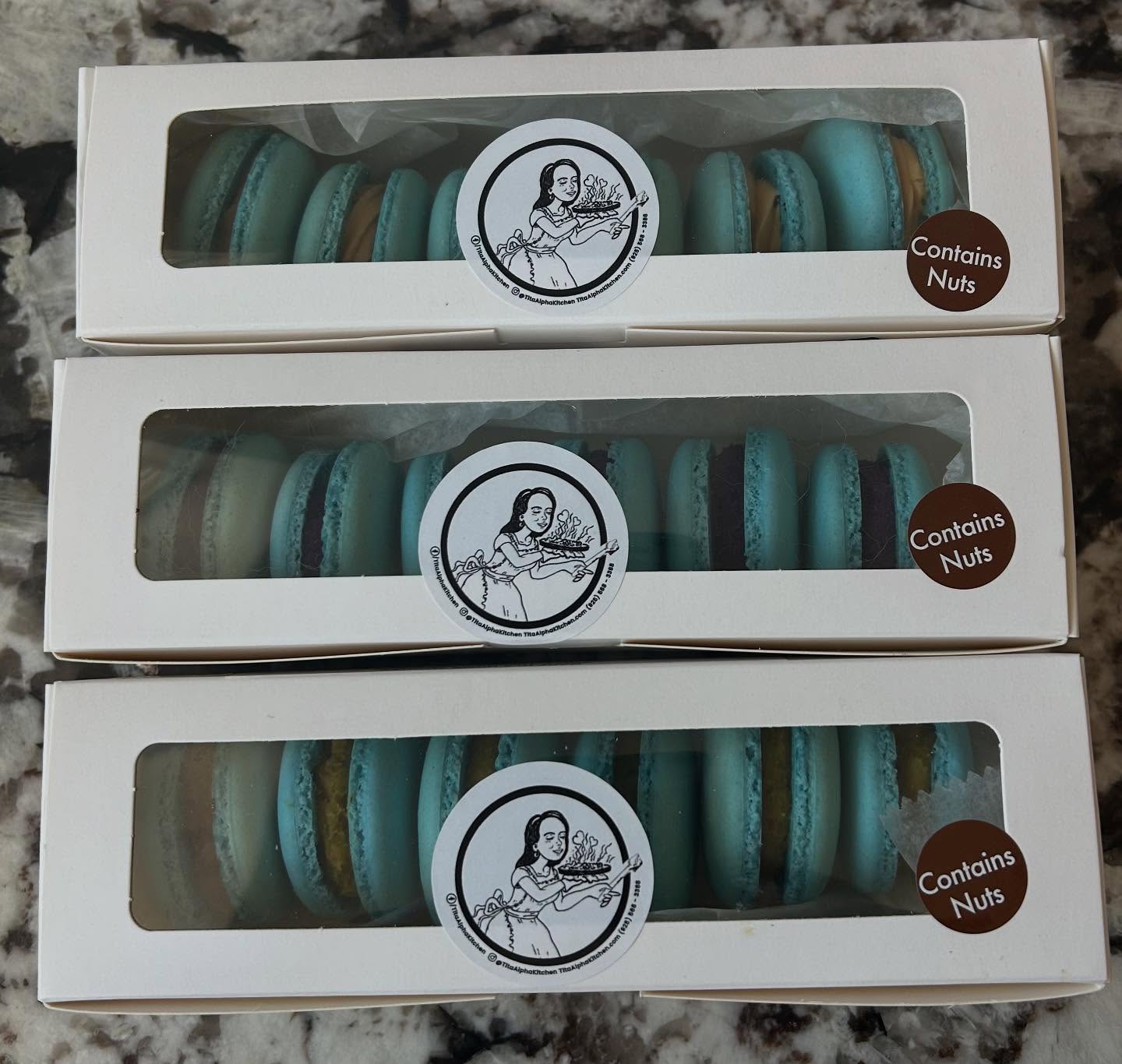 Ube, dulce de leche and pistachio French macarons