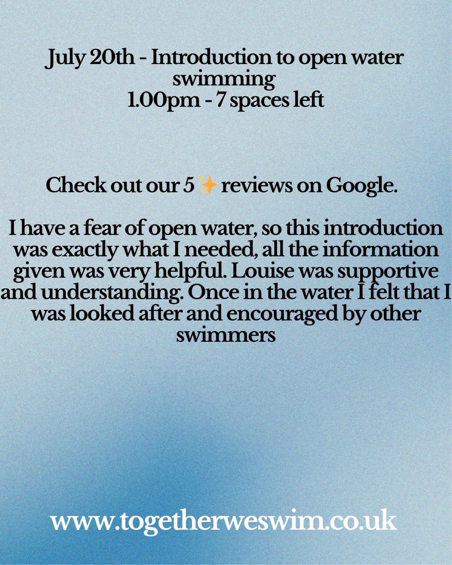 July Availability
🌊 Discover the Thrill of Open Water Swimming! 🏊♂️
Introduction to Open Water Swimming at Burton Farm
Looking to take the plunge into open water swimming? Whether you're a pool swimmer curious about the outdoors or a complete beginner, this friendly, guided session is the perfect way to start!
📍 Location: Burton Farm Cafe
📅 Date & Time: 20th July at 1pm
👥 Who’s it for? Beginners and first-time open water swimmers, returners to the water.
💧 What to expect:
✔️ Professional guidance from qualified open water swim coaches
✔️ Safety briefing and water confidence techniques
✔️ A fun, supportive environment to build your skills
🎟️ Limited spots available! Pre-booking required.
👉 To book or learn more, visit Togetherweswim.co.uk
Dip into something new this summer – we’ll be with you every stroke of the way! 🌞🌊