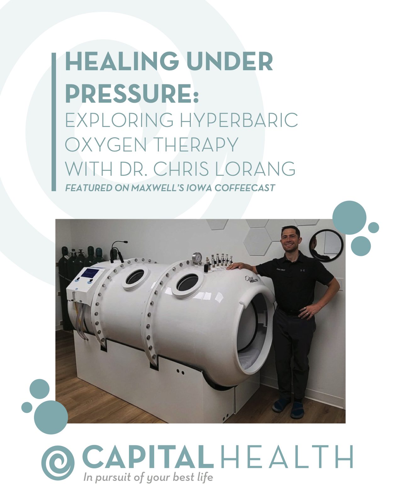 In a recent episode of Maxwellโs Iowa CoffeeCast, Dr. Chris LoRang is featured to unpack the powerful benefits of Hyperbaric Oxygen Therapy (HBOT). From faster healing and reduced inflammation to cognitive support and cellular regeneration, HBOT is transforming the landscape of integrative medicine. Whether you're an athlete, recovering from surgery, or optimizing your longevity, this episode is packed with science, stories, and practical takeaways.
Want to learn more? Check out the blog (https://capitalhealthiowa.com/healing-under-pressure-exploring-hyperbarics-with-dr-lorang/) or listen to the full podcast (https://maxwells-iowa.captivate.fm/episode/healing-under-pressure-dr-chris-lorang-on-hyperbaric-oxygen-therapy/).
Call 515-421-4018 to schedule a free consultation with Dr. LoRang today!
#HyperbaricOxygenTherapy #HBOT #Hyperbarics #OxygenHealing #FunctionalMedicine #IntegrativeHealth #HolisticHealing #ChiropracticCare #IowaHBOT #CapitalHealth #IowaWellness #HealthOptimization #DSMUSA
