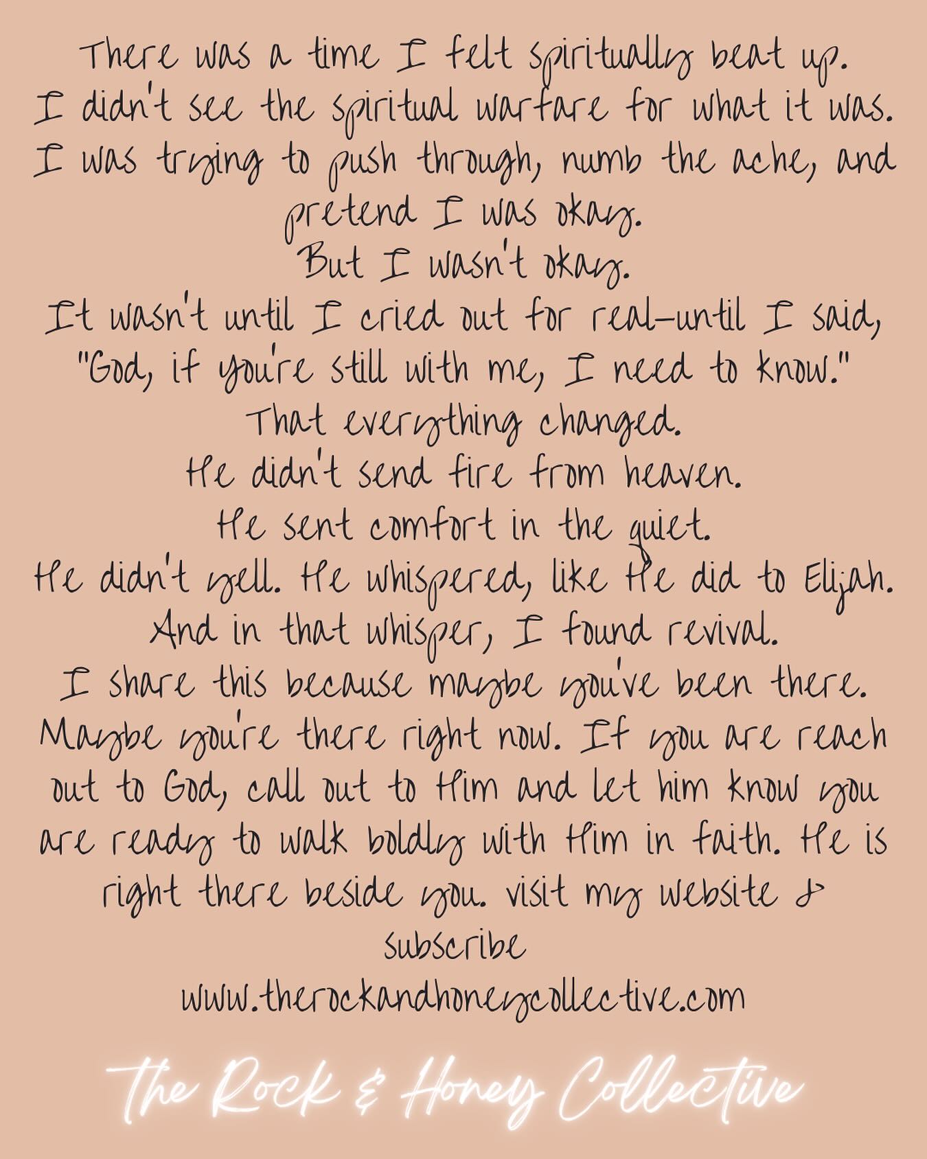 Have you ever felt spiritually defeated? I have my entire life until I came to faith until I witnessed the miracle of God's word - until He walked into the room that faithful March day and you can defeat the warfare just by receiving Christ in your life. If you are experiencing this & need community reach out to me at the Rock & Honey Collective website www. Therockandhoneycollective.com
#freedevotional #YourTimeWithGod #HeIsWithYou #FaithJourney #GodAppointment #ChristianWomen #ChristianWriter #FaithInTheWaiting #God'sTimingIsPerfect #juneblessings #SpiritualGrowth #Jesusfirst #WaitingOnGod #ChurchMoments #HolySpiritLead #WorshipAndWord #FaithBlog #newbeginnings #ChristianEncouragement #WomenAndFaith #PrayerLife #God'sNearer #encounterswithgod