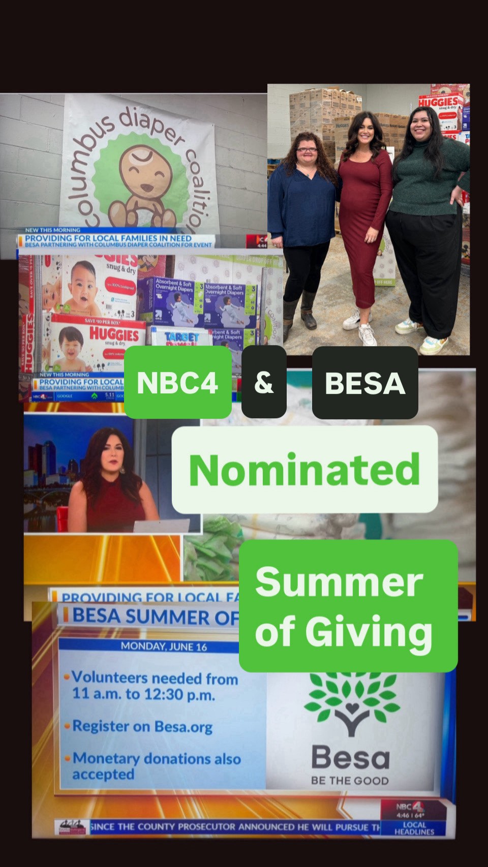 Summer of Giving Nomination☀️🫶
Honored to be selected by @givebesa & @nbc4i @nbcmonica of 1 of 3 local nonprofits making a big impact in our community!
Our Executive Director Laura joins NBC4’s Monica Day & Besa’s Nora Yepez-Ornelas to talk about the growing need for diapers and how YOU can help.
Grateful for the opportunity, to raise awareness about diaper need & the families we serve 🫶 #summerofgiving #nbc4 #besa #614columbus #volunteer #diaperneed #nonprofitspotlight #cbusdiaperco #forthekids❤️