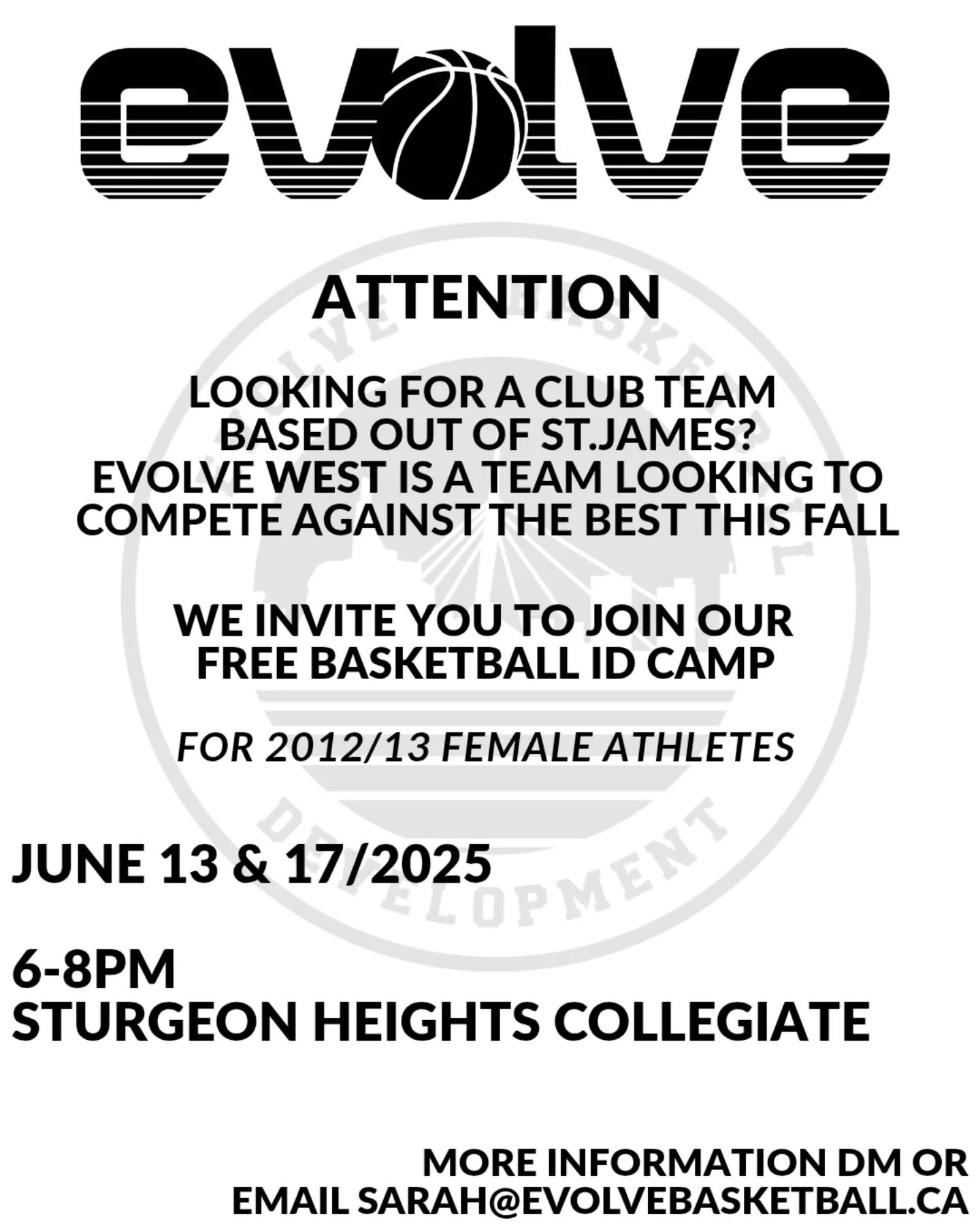 📢 ATTENTION WEST END HOOPERS!
Are you a 2012/13 female athlete looking for a competitive club team in the St. James area?
🔥 EVOLVE WEST is forming a team to compete at a high level this fall—and we’re looking for talent!
🏀 Join us for a FREE Basketball ID Camp
📅 June 13 & 17, 2025
🕕 6–8PM
📍 Sturgeon Heights Collegiate
📩 DM us or email sarah@evolvebasketball.ca for more info!
#LearnGrowEvolve