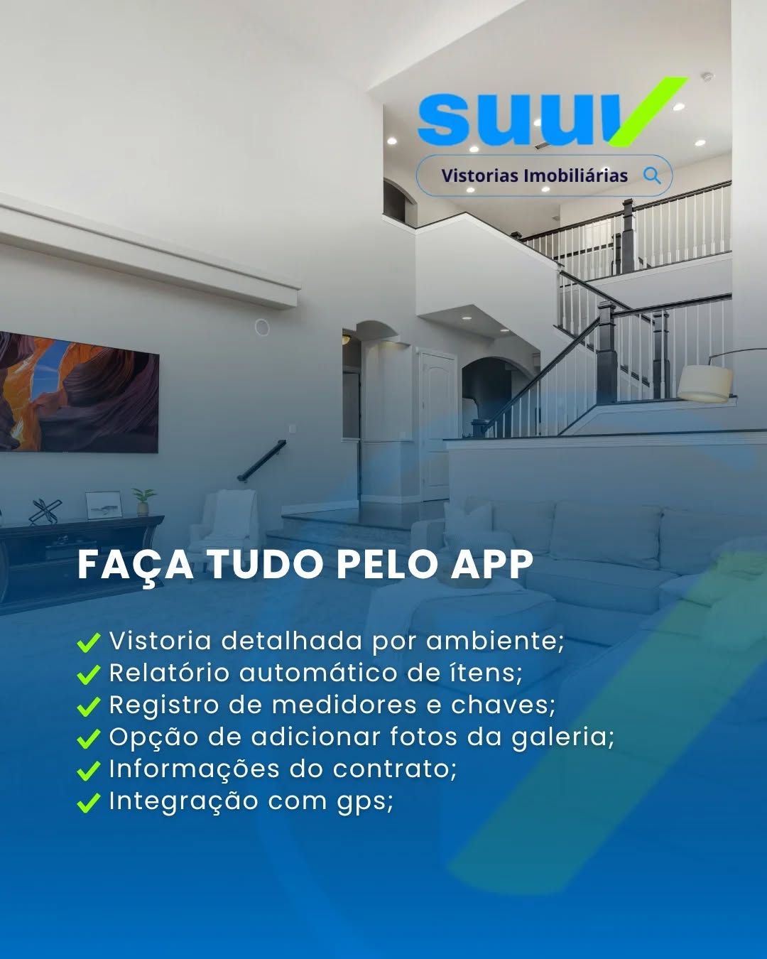 Faça tudo pelo app
Esqueça o papel e a prancheta!
Com o app da SUUV, você realiza vistorias completas, com fotos, GPS, medidores, contratos e muito mais tudo direto do seu celular. Rápido, seguro e organizado!
Baixe agora o app SUUV e transforme sua vistoria em poucos cliques!
Produtividade e profissionalismo na palma da sua mão
#VistoriaImobiliária
#GestãoImobiliária
#TecnologiaParaCorretores
#AppDeVistoria
#ImobiliáriaModerna
#SUUV
#InovaçãoNoMercadoImobiliário
#CorretorDigital
#GestãoDeImóveis
#ImóveisSemComplicação