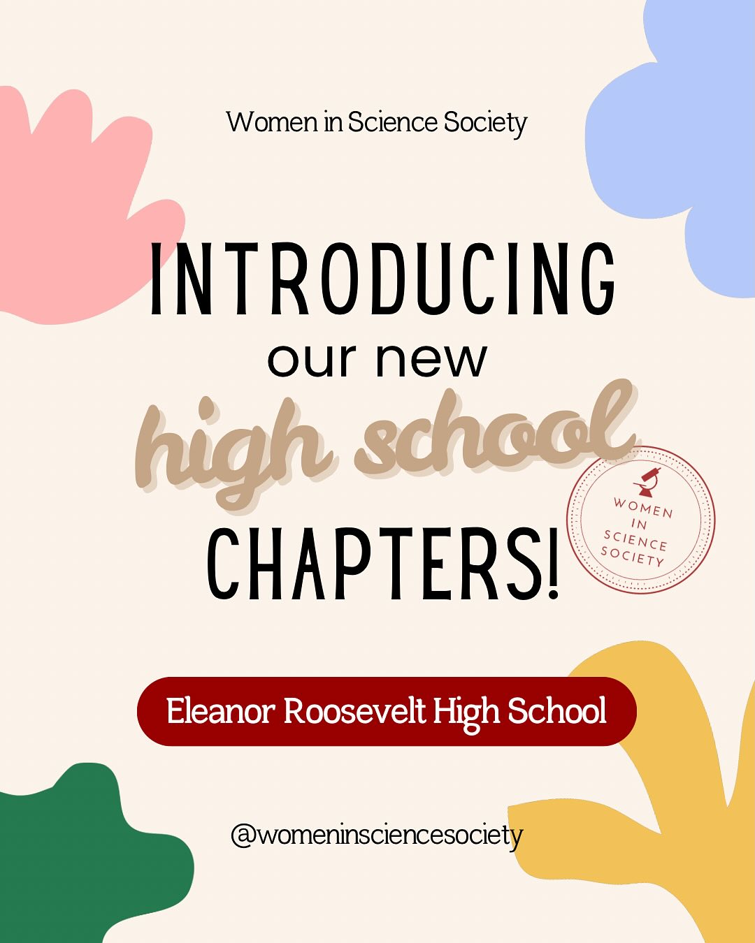 Meet our new WSS chapter at Eleanor Roosevelt High School! Kudos to our newest members for feeding their passion for science early 💪 Stay up to date with all things WSS at Eleanor Roosevelt by following them at @wss.erhs!
💬 Swipe to learn more about the ‘why’ behind this new chapter and exciting plans the executive team has for the future.