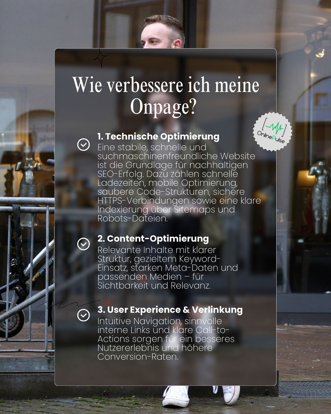 📈 Onpage-Marketing – aber bitte mit System!
Wenn du willst, dass deine Website bei Google rankt und deine Besucher überzeugt, brauchst du drei Dinge:
Eine Technik, die sitzt – also schnelle Ladezeiten, mobile Optimierung und sauberen Code.
Content, der knallt – keine Keyword-Wüste, sondern Texte mit Mehrwert, Struktur und SEO-Power.
Und eine User Experience, die einfach Bock macht – intuitive Navigation, sinnvolle Verlinkungen und klare Call-to-Actions.
Du willst das auch, aber weißt nicht, wo du anfangen sollst? Genau dafür gibt’s uns. OnlinePulse bringt deine Seite auf Kurs.
#onlinemarketing #seoagentur #onpageoptimierung #websitetips #onlinepulse #sichtbarkeit #digitalmarketing