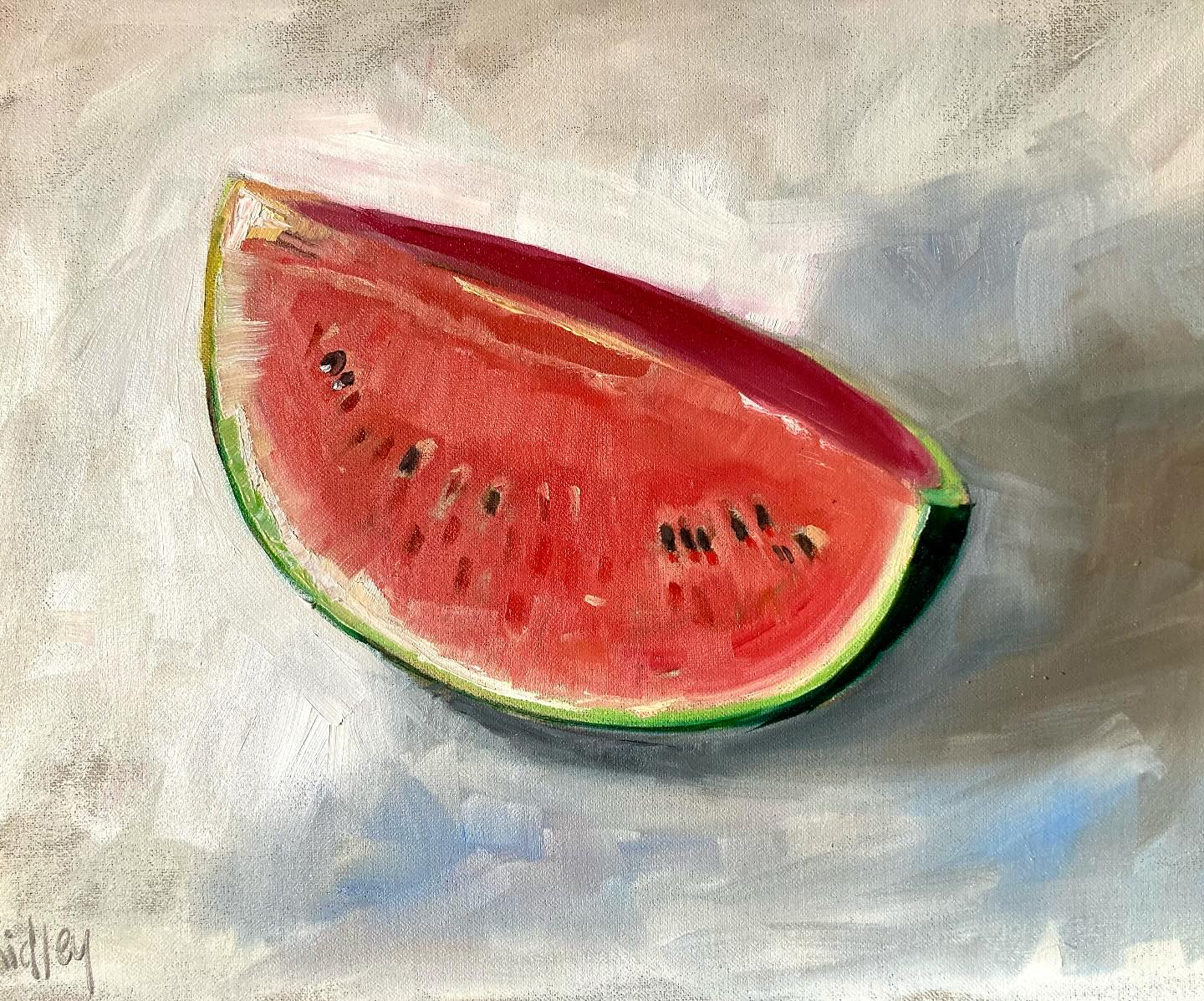 I can’t wait to eat this watermelon when keaandhisbass gets home from school this afternoon. A perfect day for it! ☀️☀️
#watermelon #oilpainting #stillife #juicy #pink #coolfruit #woodbridge #suffolk #delicious #refreshing #watermelonlover #fresh #stillifeoilpainting #paintingsofinstagram