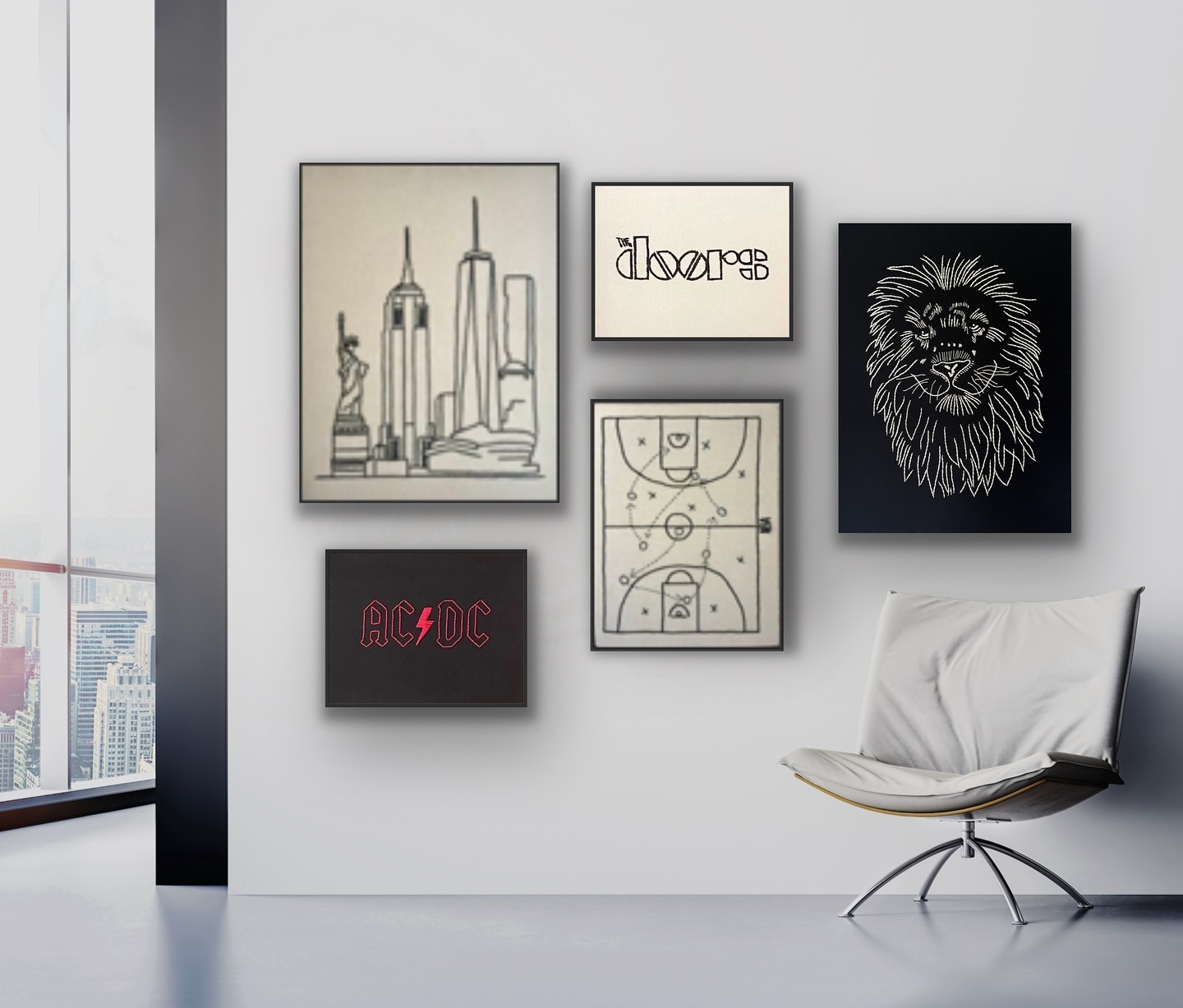 Un muro con carácter propio.
Esta composición mezcla música, animales, ciudad y deporte, en una combinación pensada para un espacio con estilo masculino: líneas claras, tonos sobrios y mucha personalidad.
Cada cuadro está bordado a mano sobre lino con el detalle y la fuerza que nos define.
📩 Hacemos piezas a pedido, para que cada ambiente hable de ti.