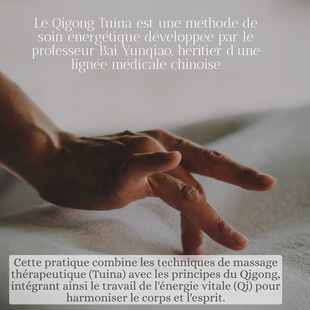 Le Qigong Tuina est une méthode de soin énergétique développée par le professeur Bai Yunqiao, héritier d'une lignée médicale chinoise.
Le Qigong Tuina se distingue par sa capacité à traiter les déséquilibres énergétiques profonds, en utilisant des manœuvres spécifiques de massage et d'automassage, ainsi que des pratiques de Qigong adaptées. Cette méthode naturelle et non invasive est reconnue pour procurer un profond bien-être et un apaisement durable, tout en renforçant la vitalité et la santé globale.
Ce soin agit à plusieurs niveaux grâce à une combinaison de techniques spécifiques :
-Acupression sur les points d'acupuncture pour libérer les blocages d’énergie.
Moxibustion (chauffe de certains points avec de l’armoise) pour réchauffer et dynamiser le corps.
Ventouses pour libérer les stagnations et relancer la circulation.
Massage doux ou profond et précis, pour dénouer les tensions et relancer l’énergie.
Réajustements articulaires doux pour restaurer la mobilité et l’harmonie du corps.
Sons thérapeutiques pour libérer les émotions et rééquilibrer les organes.
Pratiques de Qigong (mouvements, respiration, visualisation) pour nourrir et renforcer l’énergie vitale dans la durée.
Le Qigong Tuina permet d’agir sur un large éventail de troubles, notamment :
douleurs de règles et troubles gynécologiques (endométriose, cycles irréguliers),
stress, anxiété, insomnie, dépression,
douleurs chroniques, tensions musculaires,
soutien et accompagnement aux personnes atteintes de maladies lourdes (comme le cancer ou Parkinson),
Fatigue profonde ou burn-out...
Chaque séance est un espace d’écoute et de recentrage, un point de départ vers
une meilleure conscience de soi et un cheminement vers l’autoguérison.
www.aucreuxdessens.fr
#acupression #MTC #sagessecorporel #soinenergetique #mieuxetre