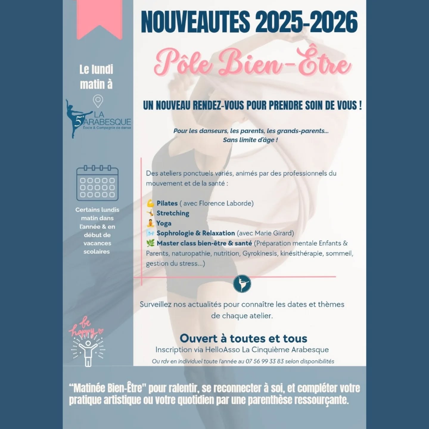 🎉 NOUVEAUTÉ EXCEPTIONNELLE à La Cinquième Arabesque 🎉
💫 Et si votre école de danse devenait aussi votre bulle de bien-être ?
☝🏻Une première à Bordeaux dans une école de danse !
Un pôle bien-être au sein même de notre école : on en rêvait, on l’a fait 🤩
🧘♀️ “MATINÉE BIEN-ÊTRE” fait son entrée le lundi matin, dès la rentrée 2025-2026 🌞
✨ Pilates, Yoga, Stretching, Sophrologie, Naturopathie, Nutrition, Gyrokinesis, Préparation mentale …
✨ Des ateliers ponctuels, des masterclass inspirantes, des invités passionnés par le mouvement et le bien-être …
✨ Pour nos danseurs, leurs parents, et tous les curieux du bien-être en mouvement !
🗓️ Dès septembre, certains lundis et débuts de vacances scolaires,
🫧 Offrez-vous une pause, un souffle, un retour à vous.
👉 Un rendez-vous ouvert à tous les âges, tous niveaux, sans prérequis.
📲 Suivez nos actus pour découvrir le programme au fil de l’année ! 👀🌿
🔁 À partager sans modération!
@marie_girard_inspiration_mg
@xabibdx
@clairebnrtinstapro @taina_art.pro
#BienÊtreEnMouvement #DanseEtSanté #LaCinquièmeArabesque #MatinéeBienÊtre #ÉcoleDeDanseBordeaux #eysinesmaville #eysines #eysinesculture #bordeaux #bordeauxmaville #bordeauxmetropole #merignacmaville #merignac #Blanquefort #lebouscat #lehaillan #bruges #saintmedardenjalles #bassindarcachon #danseclassique #danseadaptée #dansecontemporaine #dansedecaractère #lacinquiemearabesque #danse