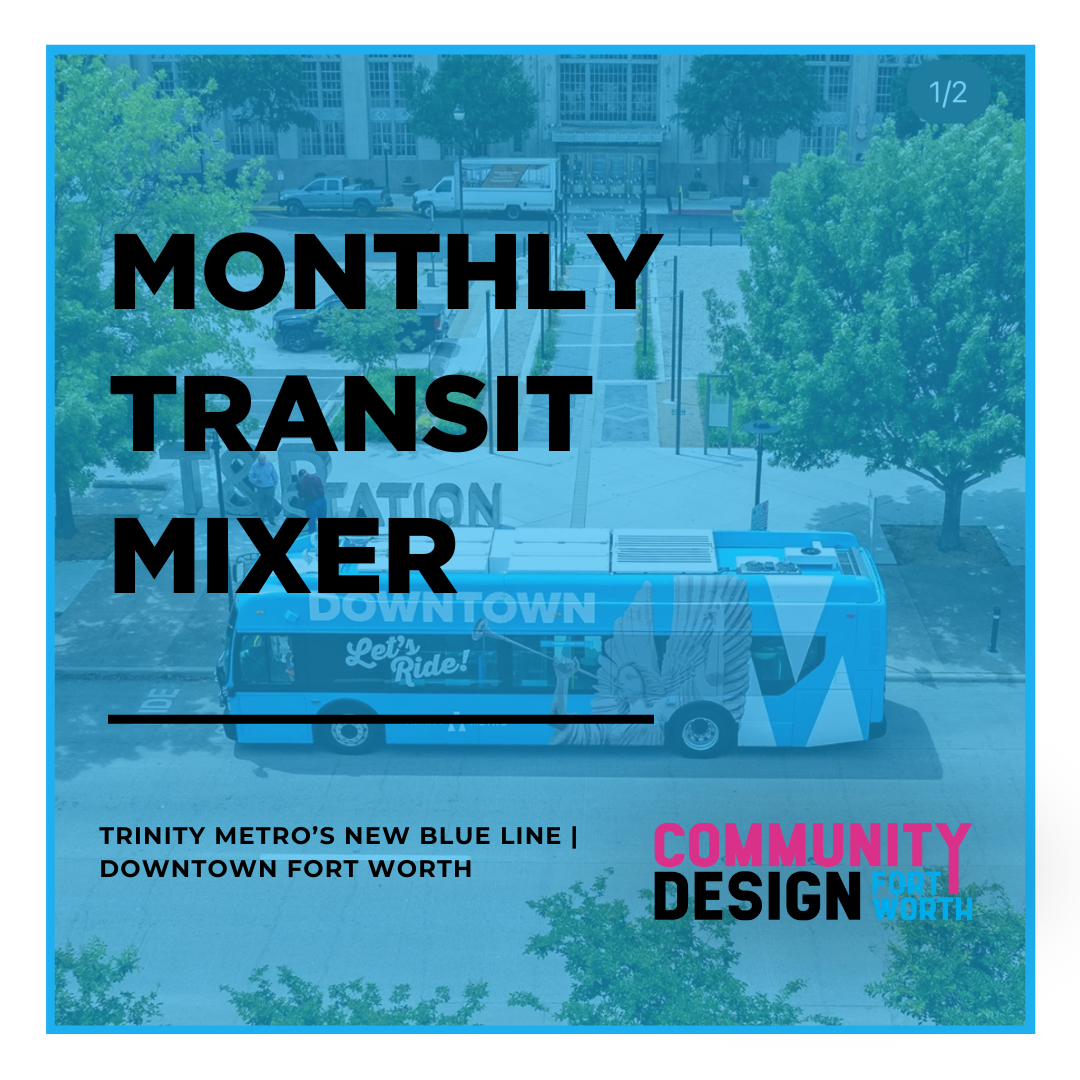 Come talk all things Blue Line at the June Monthly Transit Mixer!
We were honored to attend the Blue Line ribbon cutting this month, and are looking forward to discussing the newest transit updates in Downtown FW with @ridetrinitymetro next week. Test out a FREE ride on your way!
EVENT DETAILS:
Date: Wednesday, June 18th
Location: Acre Distilling
Time: 4:30-6:30 PM
Image credit: @ridetrinitymetro
#communitydesignfortworth #monthlytransitmixer #ridetrinitymetro #blueline #downtownfortworth