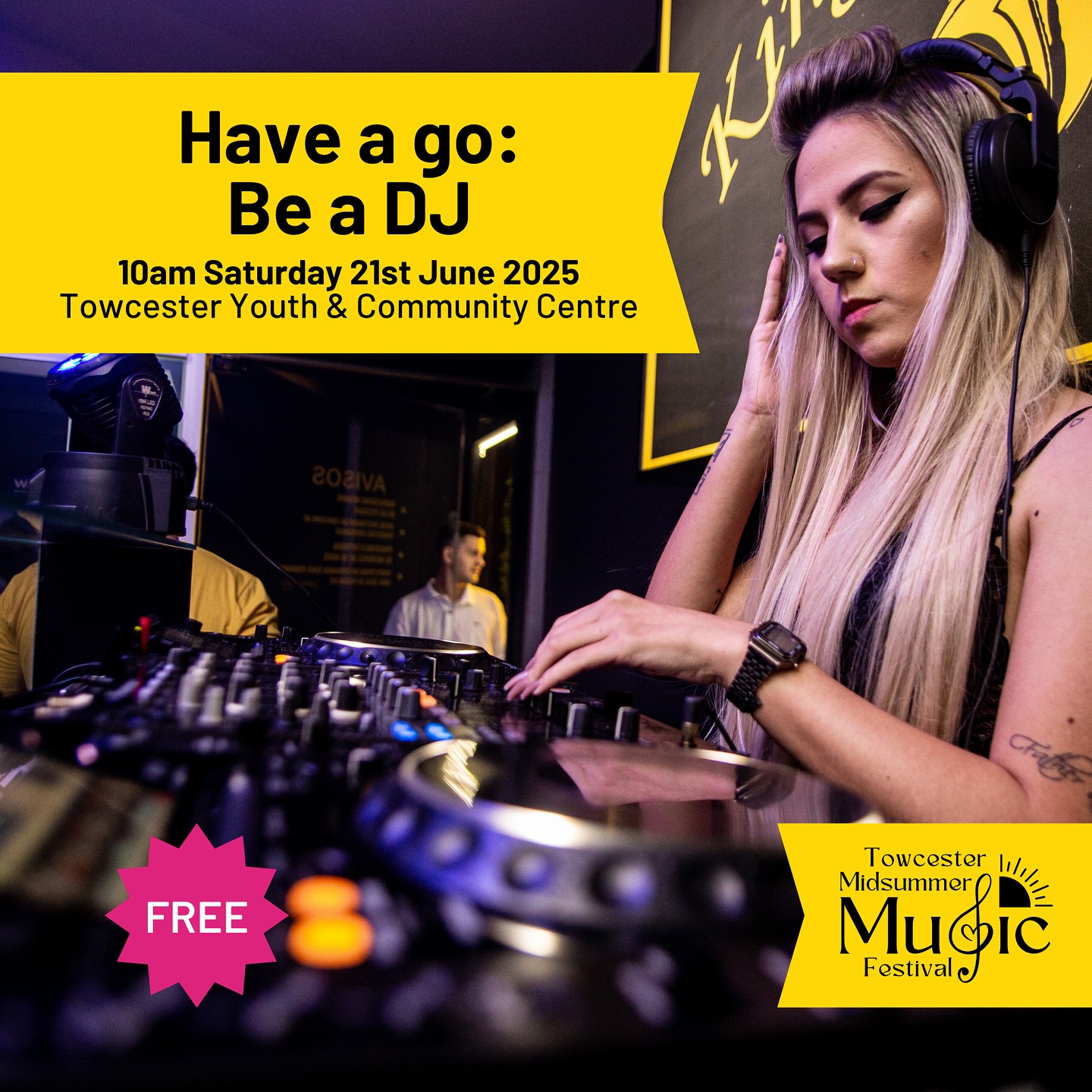 The @noiseacademyuk invites you to discover your inner DJ!
Learn to mix tracks like a pro with hands on workshops led by a pro DJ.
15-minute 1-to-1 or paired sessions from 10am-1pm Saturday 21st June at Towcester Youth & Community Centre, N12 6AU
Free to participate on a first come, first served basis - just turn up on the day.
#towcestermidsummermusic