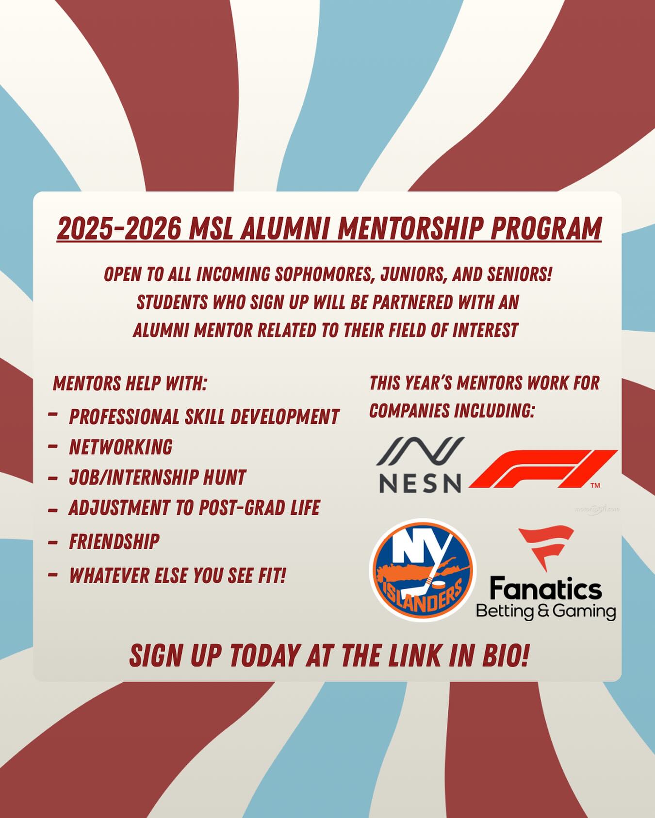 Sign ups for our 2025-2026 Alumni Mentorship Program are open! Incoming Sophomores, Juniors, and Seniors, fill out the form in our LinkTree to be paired with an amazing Alumni Mentor!