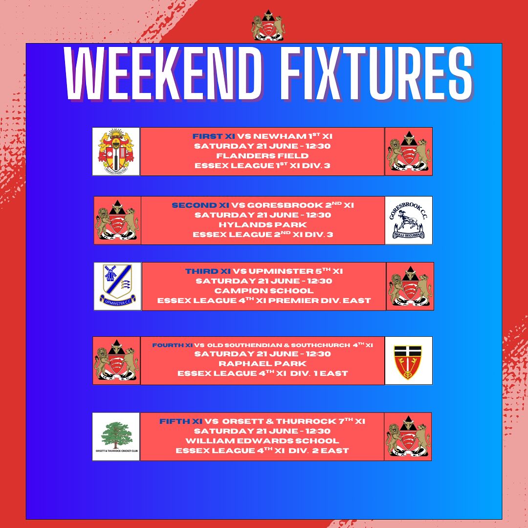 Weekend Fixtures & Teams
1s @newhamcc
2s Vs @goresbrookcricket
3s @upminstercc
4s Vs @old_southendian
5s @orsettthurrockcc
Sunday Vs @s.w.c.c_bar at Hylands