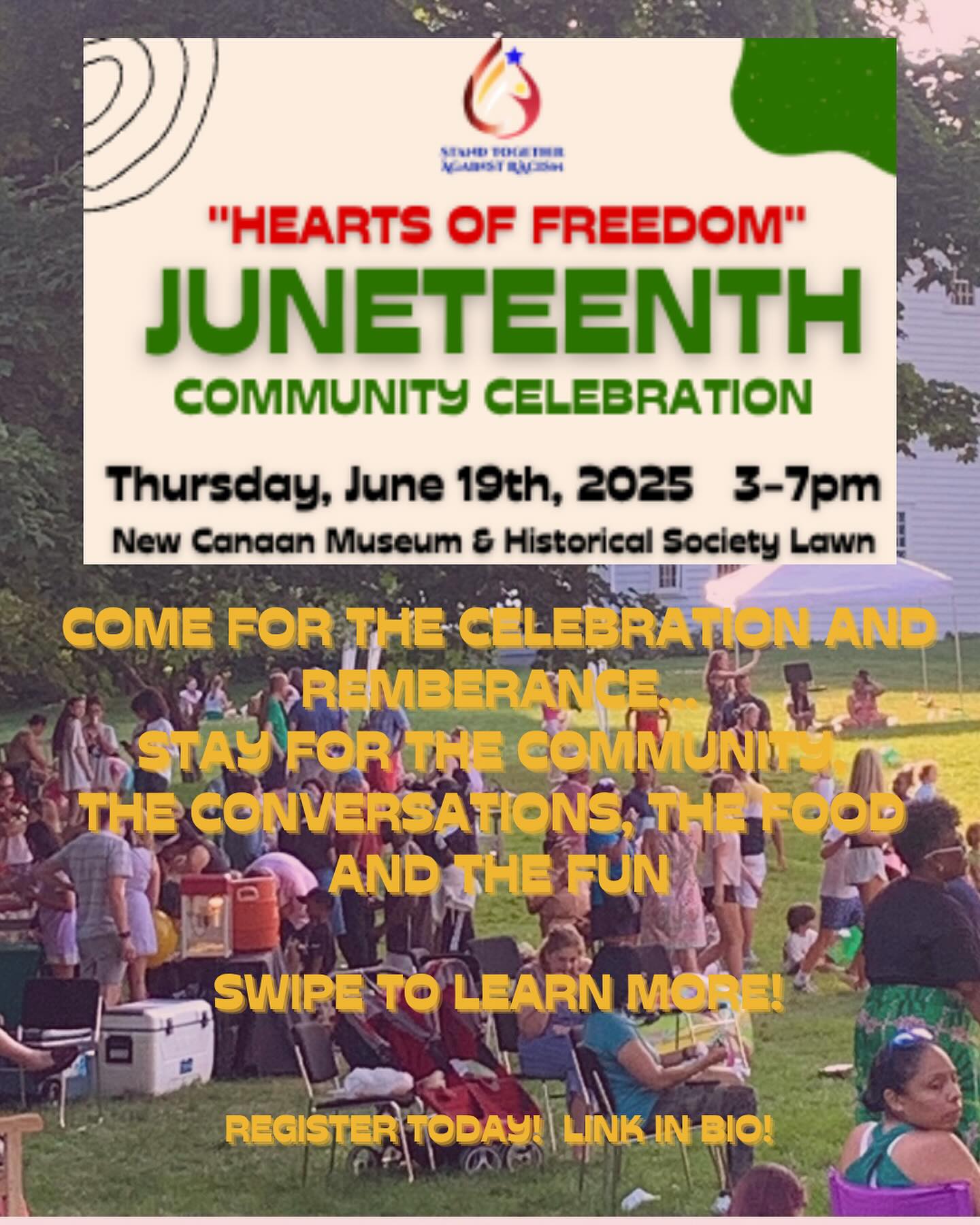 Curious about the “Hearts of Freedom” Juneteenth celebration on Thursday, June 19 from 3-7pm at the New Canaan Museum & Historical Society in New Canaan??!?
Scroll through pics to see just some of the things we have in store for you! More when you get there! Free and fun for all ages!
Please be sure to register so we have enough supplies! Link is in bio!
See you on Juneteenth!
#juneteenth #newcanaan #fairfieldcountyct #stamfordct #norwalkct #darien @newcanaanlibrary @studio162design @29marklefoodtruck @29marklectbpt
@tis_ct @sandrasnextgeneration @missthelmas @chazzielemonadeslushiez @walterstewartsmarket @mybankwell @theglasshouse_newcanaan @newcanaanite @newcanaanrotary