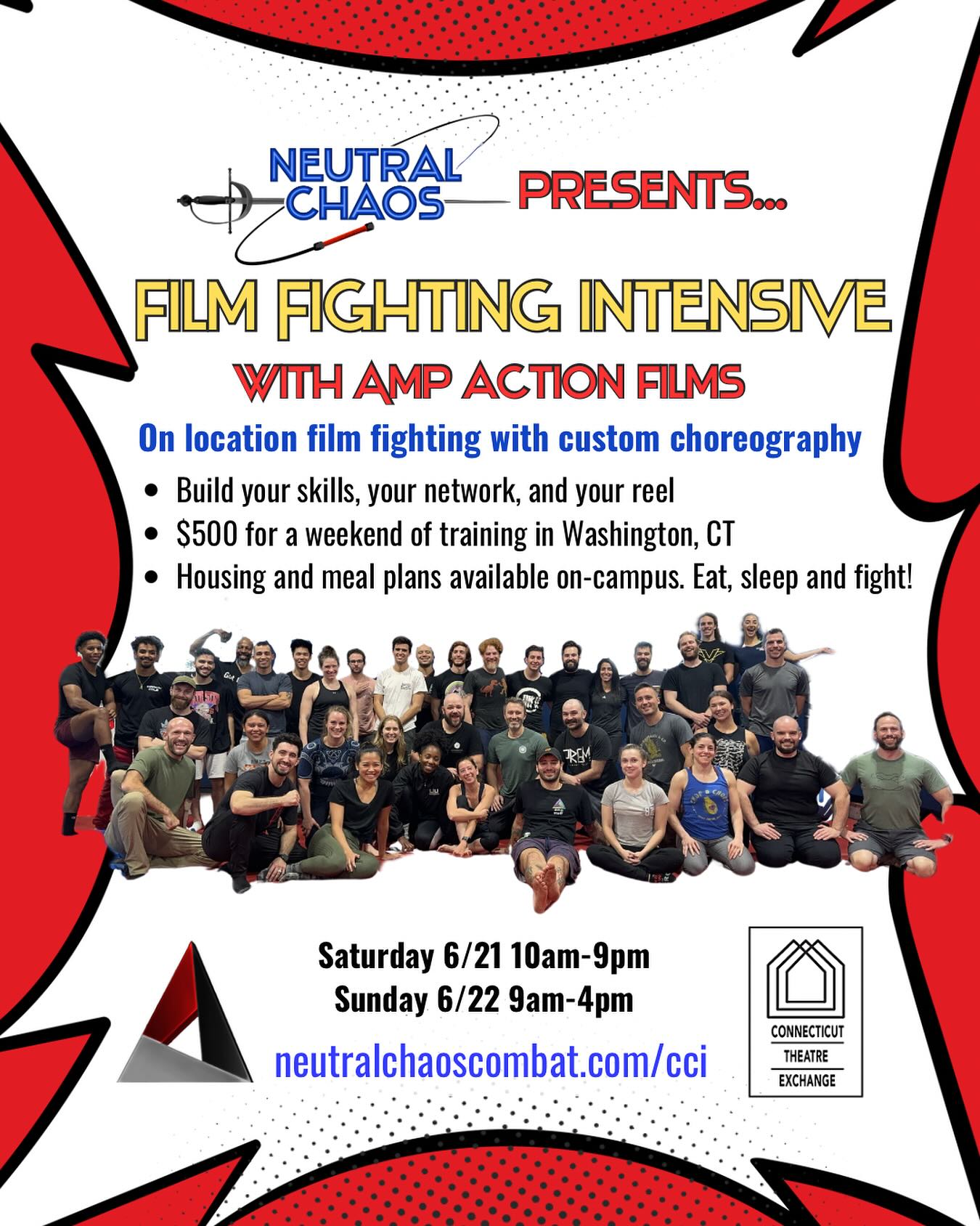 Next week! Join us in Washington, CT for a weekend intensive exploring techniques used to fight on television and film.
The unique architectural and natural diversity of our host environment allows for us to film “on-location” and cheat the appearance of several different projects. In doing so, we can provide reel materials designed to highlight your individual skills that do not have the appearance of training videos. Great for students who have previous martial arts/stunt/circus/combat experience who want to continue honing their skills.
Friday 6/20: 5pm move in. 7pm evening session for those staying on campus (optional for those commuting)
Saturday 6/21: 10am-9pm
Fighting for Film
Wrecks
Camera Awareness
Shot/Edit Planning
Sunday 6/22: 9-4pm
Custom choreography created
Partnered sequences filmed for reel material
Move out Sunday evening after dinner and evening celebrations or Monday morning. Train pickup/drop off available. From NYC take the Metro North to Harlem Valley - Wingdale station.