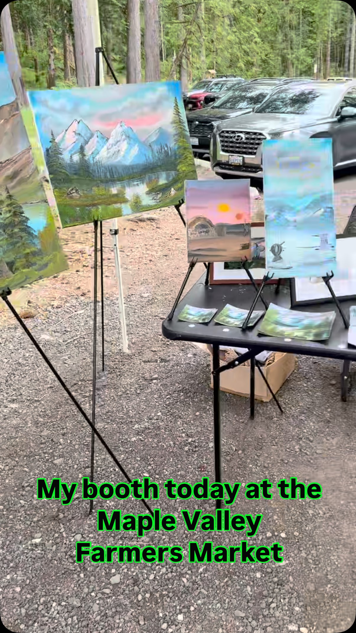 Thank you to @maplevalleyfarmersmarket for all of the help and especially for the hospitality. I’ll be back Saturday June 28th with more originals and prints! #bobross #oilpainting #fyp #happypainter #happytrees #landscape #oilpaintings