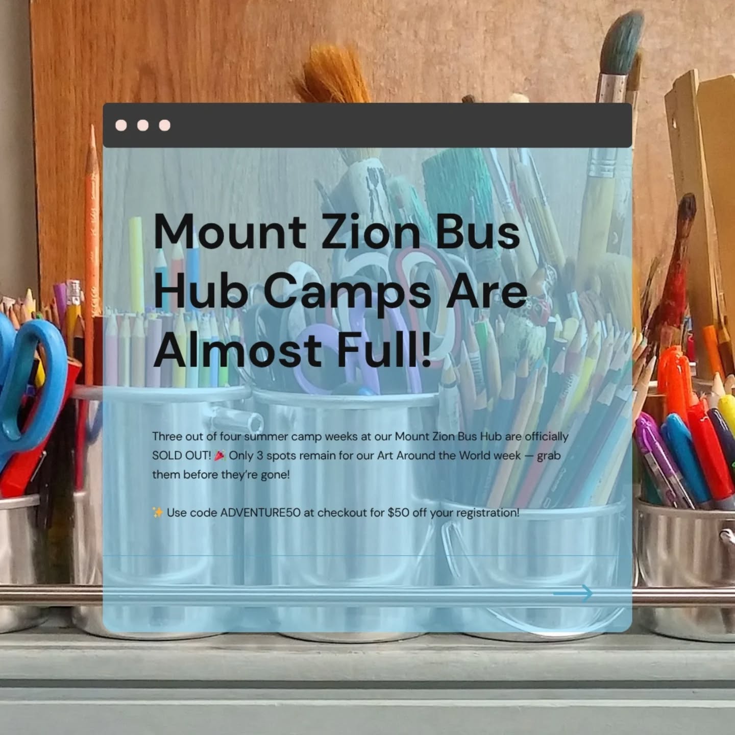 Mount Zion Bus Hub: Just 3 Spots Left!
Our first four weeks of Learning Adventure Bus Summer Camp at the Mount Zion Hub are almost completely booked — three weeks are full, and only 3 seats remain for our Art Around the World camp.
If you’ve been thinking about signing up, now’s the time. Once these last few spots are gone, they’re gone!
Use code ADVENTURE50 at checkout to get $50 off your registration.
Let’s make this summer unforgettable.
#LearningAdventureBus #SummerCamp2025 #LoudounCountyKids #ExperientialLearning #ArtCamp #MountZionHub #CreativeKids #STEAMlearning #BusCamp #OutdoorLearning #CampLife #CuriousMinds #HandsOnLearning #NorthernVirginiaKids