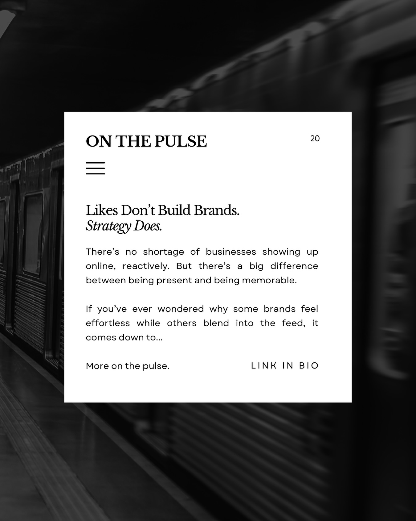 — Chapter 20 • Familiarity. Direction. Impact.
The three layers behind every brand that sticks.
Chapter 20 now live.
→ link in bio.
www.beonmedia.com.au