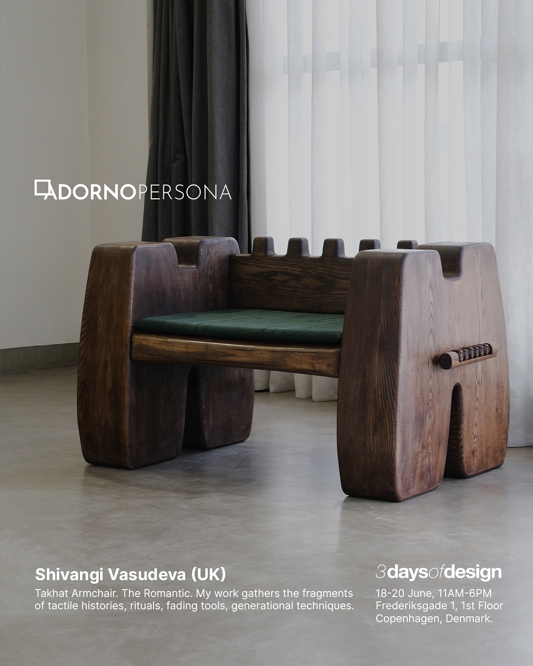 Our Takhat Armchair is heading to Copenhagen for 3 Days of Design as part of Persona by @adorno.design - an exhibition that explores identity and selfhood through collectible design.
Unfolding across three immersive rooms - The Perfectionist, The Eccentric, and The Romantic - Persona invites us to reflect on the emotional and psychological layers within us.
The Takhat armchair is found in the Romantic Room because at its heart, the piece is about connection to craft, to memory, to the hands that shape it.
📍18–20 June | @adorno.design | @3daysofdesign
Come say hi if you’re around.