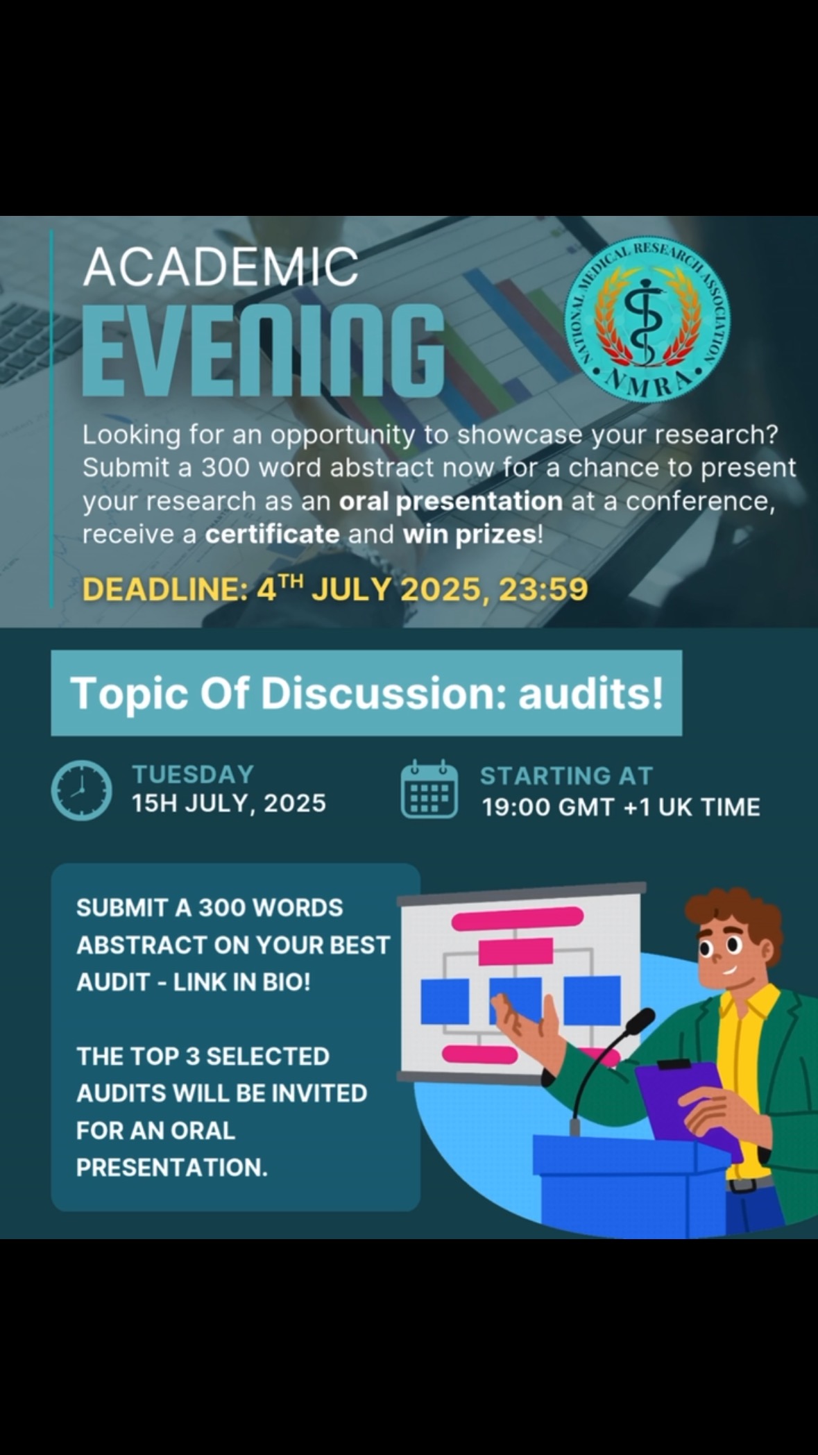 🚨 Got an audit? Show it off.
NMRA’s Academic Evening is back — and this time we’re talking audits!
We’re inviting med students & doctors at any stage to submit a 300-word abstract on an audit you’ve worked on.
🎤 Top 3 get to present at our online evening on 15 July, win prizes, get a certificate, and receive publication support from NMRA!
This is your chance to share your journey, boost your CV, and join a growing community of student-led researchers.
🗓️ Event: 15 July 2025, 19:00 GMT+1
📤 Deadline: 4 July, 23:59
📬 Submit here: https://forms.gle/CnjJoeYM4uEngUNx7
Let your audit speak. We’ll be listening 👂
You can find the link in our bio as well!
#NMRA #AcademicEvening #AuditShowcase #MedicalResearch #StudentDoctors #UKMedEd #ClinicalAudit #CallForAbstracts#