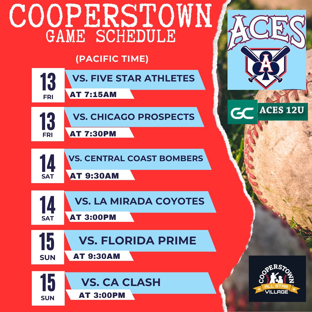 Join the 12U Aces in Cooperstown!
Follow the team on GameChanger or at live.cooperstown.com!
(Link in story) or click link in our bio to follow along
#CooperstownAlIStarVillage #12uBaseball #Acesbaseball #BaseballLife #YouthBaseball #PlayBall #Teamwork #Sportsmanship #BaseballFamily #SummerBaseball
#RoadToCooperstown #BaseballTournament #TravelBaseball #BaseballAdventure