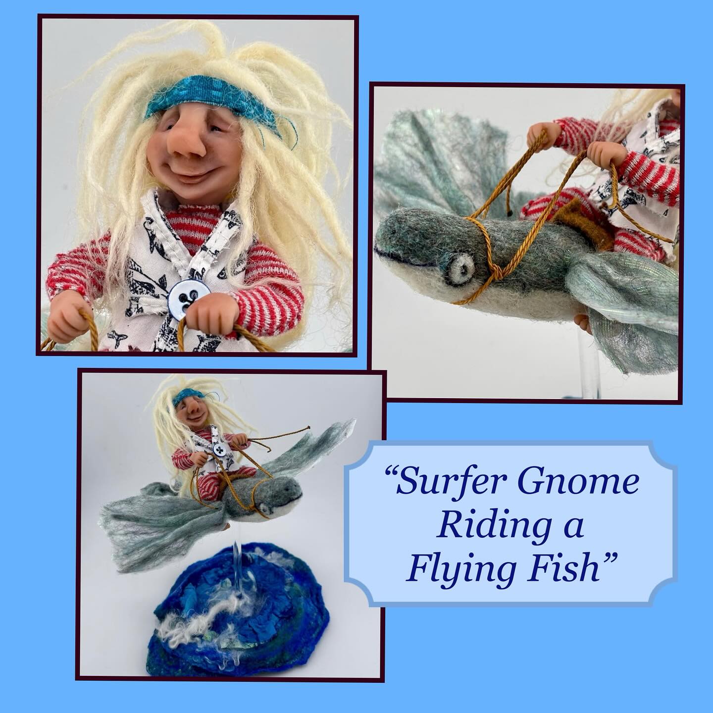 Adorable work by NEFG member, @memorybradleyart. Wool is so versatile - you can make whatever your mind can imagine. Here is a surfer gnome riding a flying fish!