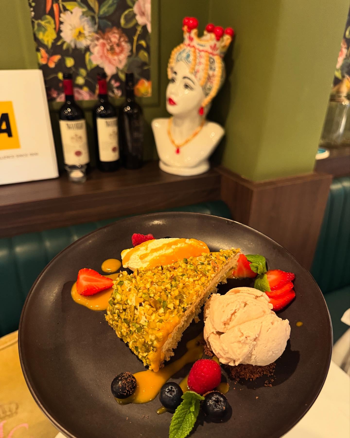 “Indulge in the creamy richness of our Pistachio and Ricotta Tart, perfectly balanced with a subtle nutty flavor. Paired with a scoop of decadent Hazelnut Ice Cream, this treat is elevated to new heights. On the side, a dollop of fluffy Whipped Cream adds a touch of sweetness, while fresh Mango sauce and Berries provide a burst of juicy freshness. A match made in heaven!” #follow #northlondon #northlondonrestaurants #easter #eggs #mysecretlondon #toplondonrestaurant #bestitalianrestaurant #eatoutlondon #family #smallbusiness #supportlocalbusiness #michellin #londonguide #londonfoodguide #londonhiddengem #finest #partylondon #hellonorthlondon #bbcfood #italianfood #fatherdaughter 🥂🍾💙♥️
