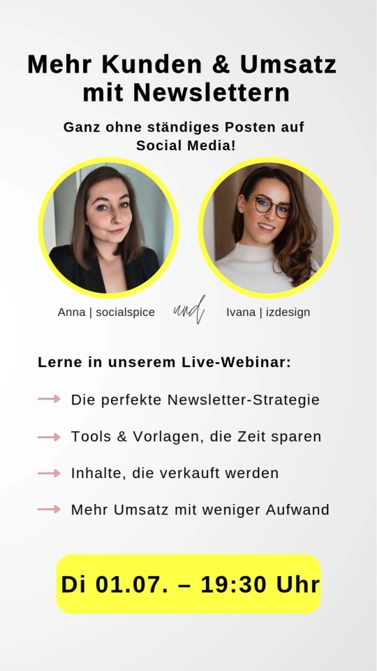 🚀 Erstelle E-Mails, die verkaufen – ohne Social Media Stress!
💌 In unserem Webinar bekommst du:
✅ Die perfekte Newsletter-Strategie von A bis Z
✅ Tools & Vorlagen, die dir Zeit sparen
✅ Inhalte, die geöffnet & geklickt werden
✅ Mehr Umsatz bei weniger Aufwand
✅ Aufzeichnung, damit du alles Schritt für Schritt umsetzen kannst
✅ PDF-Zusammenfassung & eine Liste mit Top-Betreffzeilen für maximale Öffnungsraten
✅ Headline-Ideen, die neugierig machen
📅 1. Juli | 19:30 Uhr
💸 Teilnahme: 69 CHF
👉 Jetzt anmelden & deinen Newsletter aufs nächste Level bringen! Kommentiere mit "Newsletter" und wir schicken dir den Link zur Anmeldung.
#smallbusinessowner
#selbständig
#kmu
#newsletter
#entepreneur
#swissbusinessowner #SchweizerUnternehmen
#SelbstständigSchweiz
#MarketingSchweiz
#NewsletterMarketing
#KMUSchweiz
#BusinessSchweiz
#UnternehmerMindset
#ErfolgSchweiz
#OnlineBusinessCH
#WebinarSchweiz