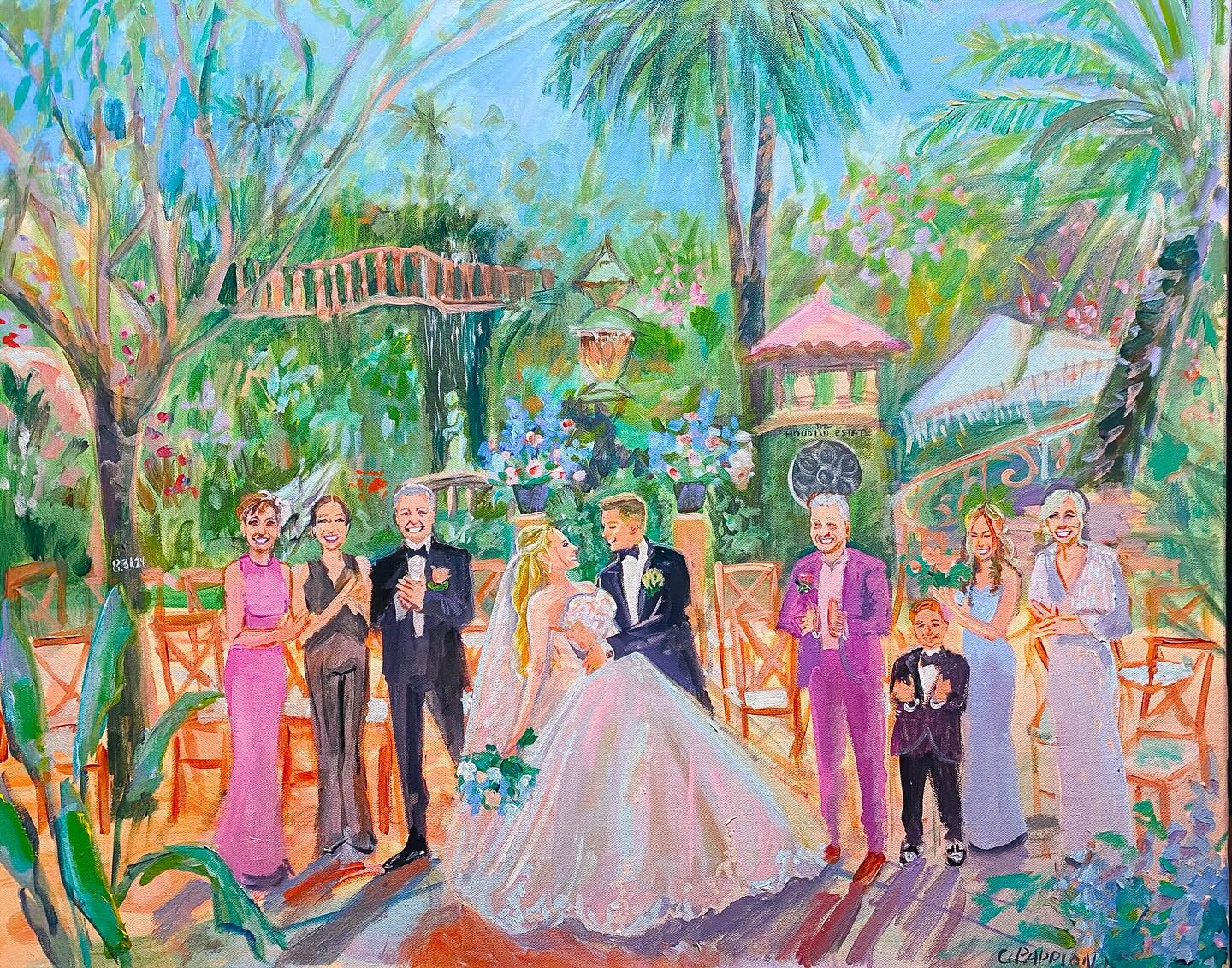 Capturing the magic of love at the beautiful @houdiniestate Houdini Estates in Los Angeles! This tropical wedding scene bursts with vibrant colors and lush greenery. The elegant decor and luxurious surroundings create a romantic ambiance that’s nothing short of enchanting. Love is truly a masterpiece here! #TropicalWedding #HoudiniEstates #LoveArtistry #WeddingInspo #LosAngelesWeddingPainter #weddingpainter #christinapappion #pappionartistry #liveeventpainter #liveweddingpainting
