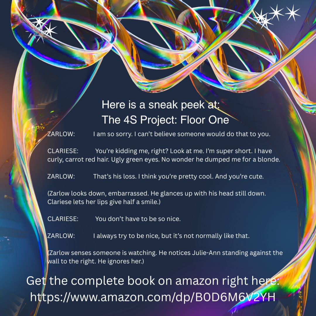 Do you want another sneak peek at The 4S Project Floor One? Here it is.
Does Zarlow start to fall in love with Clariese? Does she like him at all?
Get into this seven book series and find out what happens to the couples in this Futuristic Romantic Drama. You won't be disappointed.
You get it here:
https://www.amazon.com/dp/B0D6M6V2YH
Like, comment, and share please! Thanks so much!!
#bellespalsypoetryguy
#iwriteplays
#author
#writersofinstagram
#romance
#authorsofinstagram
#igwritersclub❤️
#reading
#ebook
#kindleunlimited
#readthisbook
#pleaseleaveareview
