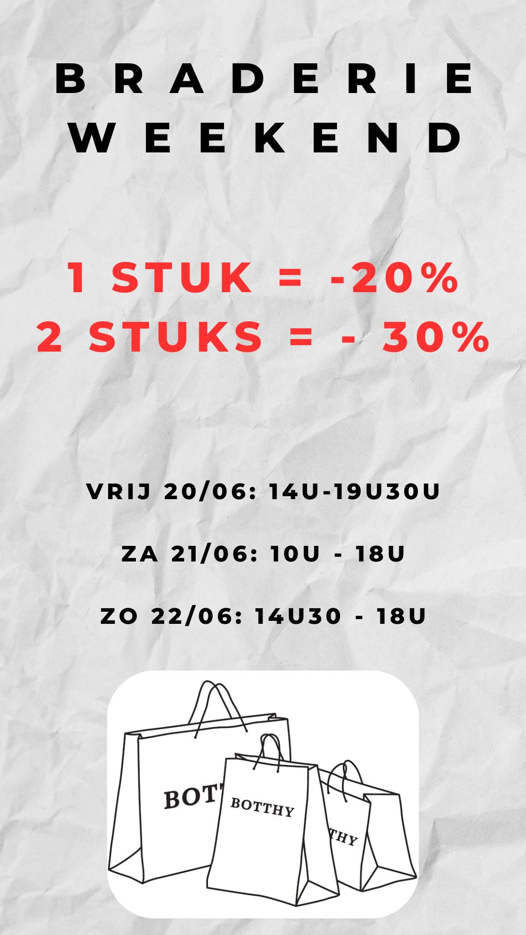 B R A D E R I E W E E K E N D π₯³
1 stuk = - 20%
2 stuks = -30%
ποΈποΈποΈ
Extra open open op vrijdagavond (tem 19u30) & zondagnamiddag (14u30 - 18u) π€©
#botthygeraardsbergen #botthymen #botthywomen