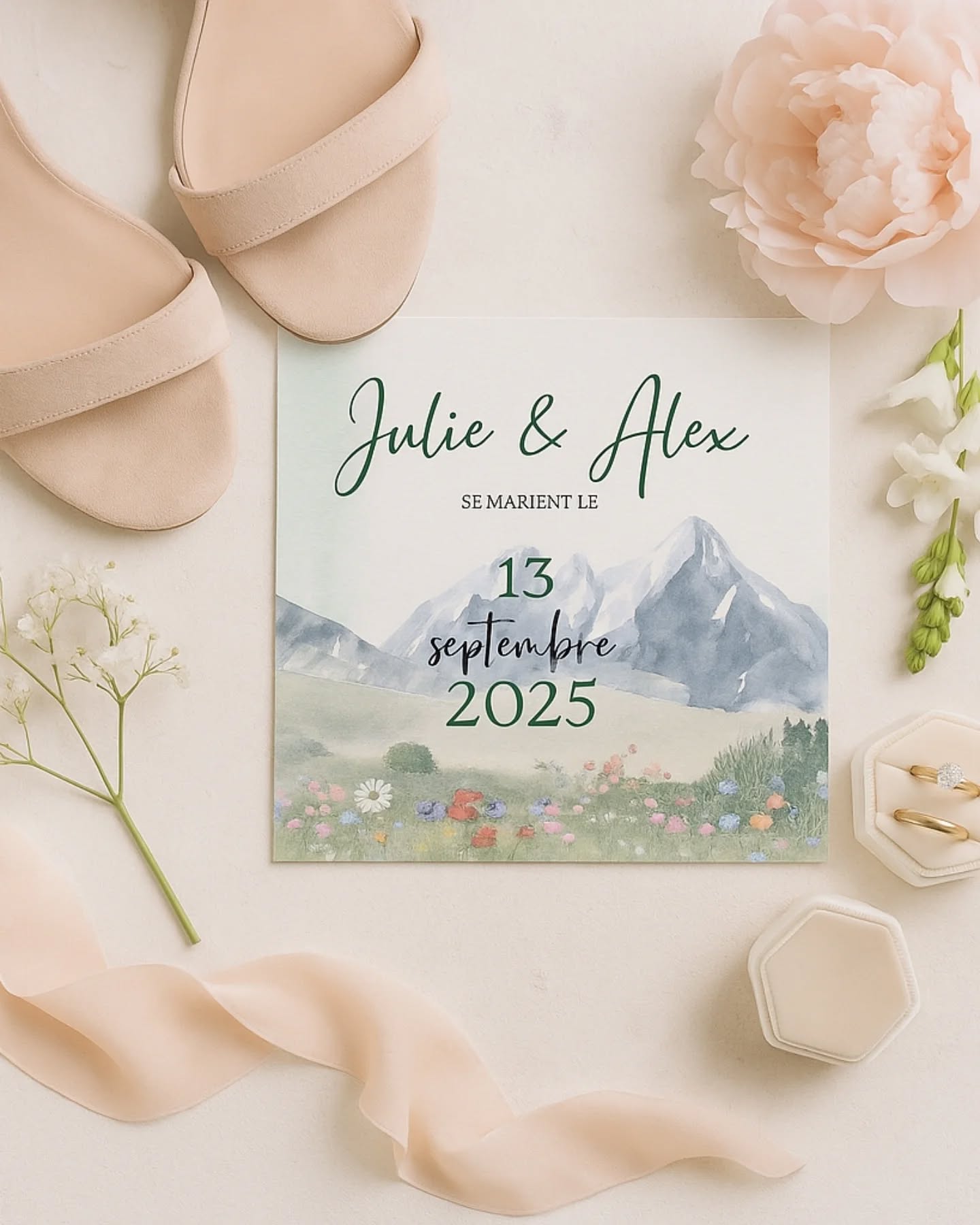 Création du faire-part de mariage de Julie et Alex.
Un mariage à la montagne dans un style coloré.
#creationgraphique #papaeteriemariage #faire-part