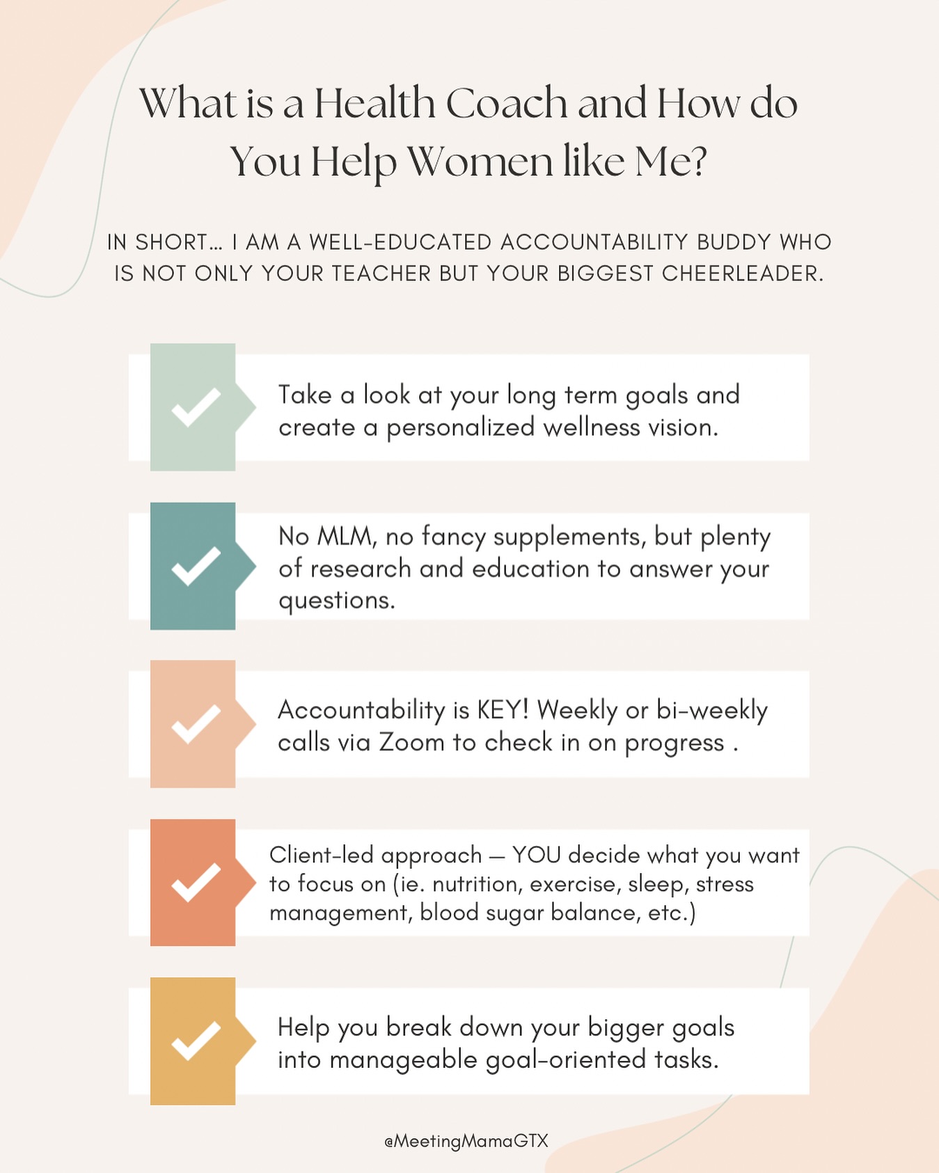 Health Coaching… You’ve heard about it, but do you get it? Is it right for you?
When I went back to get my Master’s Certificate in Health Coaching, I wanted to learn how to better facilitate groups of women. I thought I would be leading all the postpartum group sessions myself. Thank goodness I now have amazing providers who come in to support me 🤍 I honesty can’t imagine doing it any other way.
That said, most of the training in my program was focused on working in the 1:1 setting. I take a client-led approach and create a long-term vision that is supported with more manageable short-term tasks and research/education. Some weeks I am your biggest cheerleader, other weeks you might need a little kick in the pants when motivation is lacking.
So where do we go from here? Let’s book a call to decide if we’re a good fit. I want to learn all about you and your goals, and I can share more details about working together 🫶 DM me or schedule a call on meetingmama.com!
#healthcoaching #healthcoach